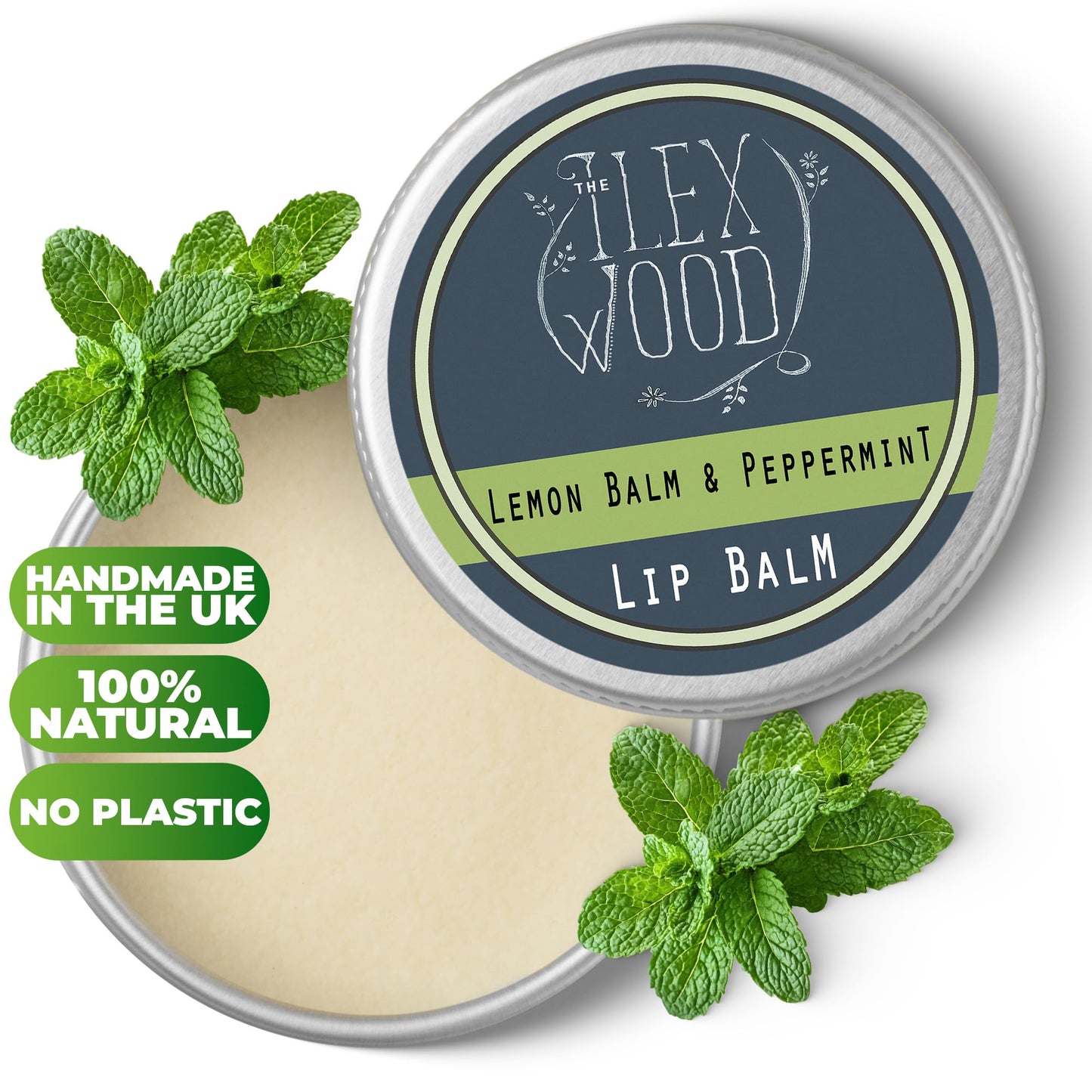 The Ilex Wood - Vegan Lemon Balm and Peppermint Lip Balm - All natural, coldsore prevention, palm oil free, cruelty free, plastic free, moisturising lip balm, handcrafted in the UK - 10ml