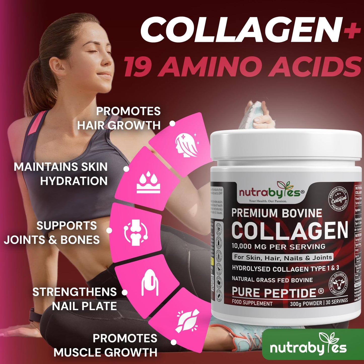 NUTRABYTES Bovine Collagen Powder 10000mg | Grass Fed Hydrolysed Collagen Peptides Type 1 & 3 | Unflavoured | Skin Hair Nails | 19 Amino Acids | Kosher Halal Certified | Women & Men | 30 Day Supply