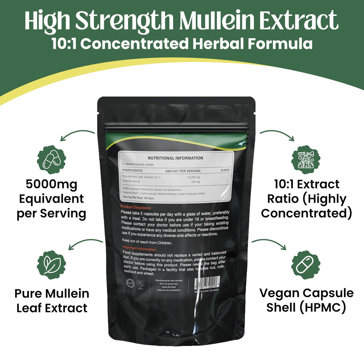 NEO-NUTRITION Mullein Leaf Extract for Lungs | High Strength 5000mg Mullein 10:1 Extract, Lung Support & Respiratory Health | Detoxification Aid & Cleansing Support Supplement - 60 Capsules