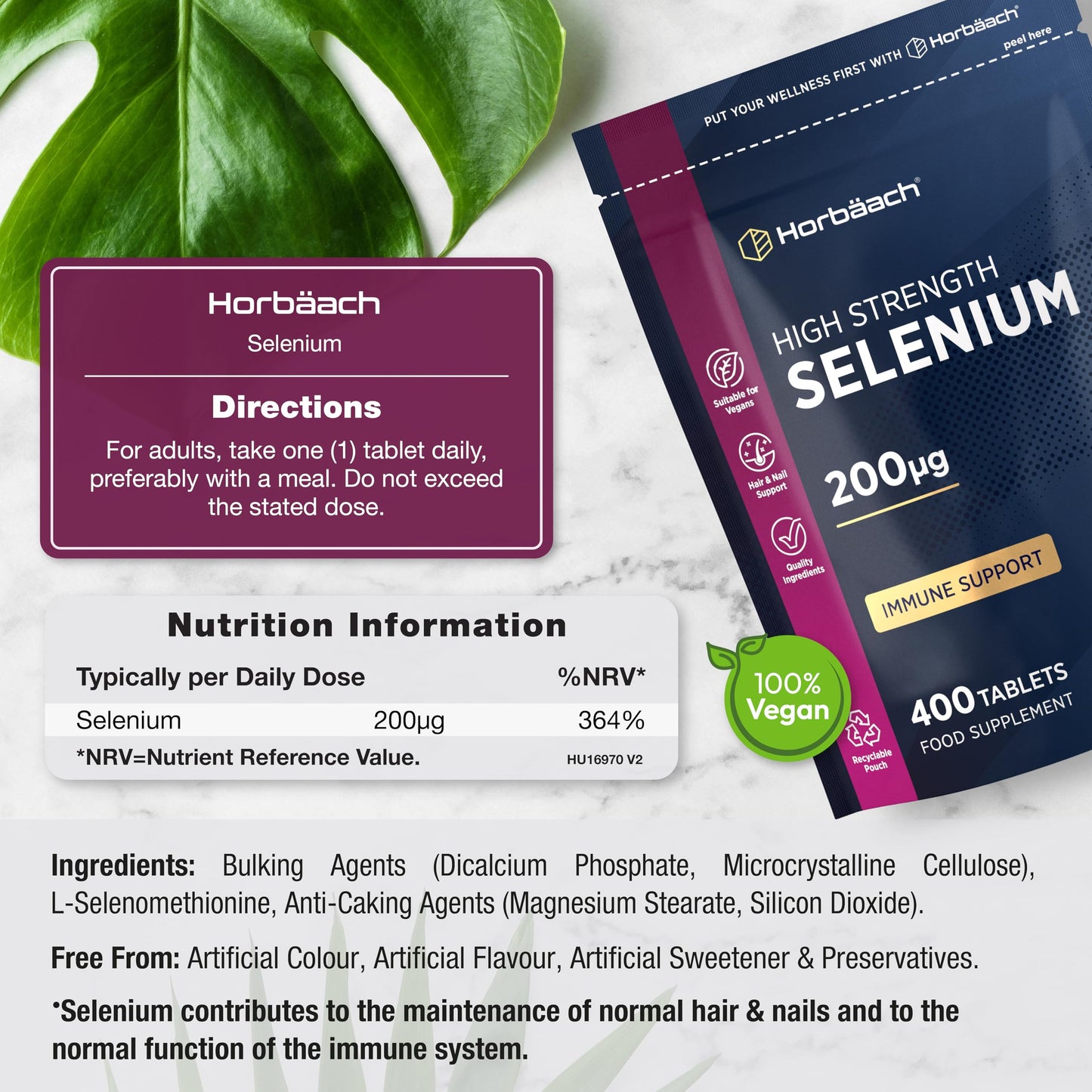 Horbäach Selenium Supplement 200mcg | 400 Days Supply (Yeast-Free) | High Strength L-Selenomethionine | 400 Tablets | Vegan & Vegetarian | by Horbaach