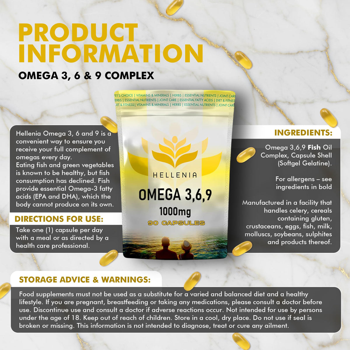 Omega 3 6 9 Capsules High Strength | 1000mg - 90 Softgel Capsules | Supports Maintenance of Normal Blood Cholesterol | Omega 369 with EPA, DHA & ALA from Fish Oil - Made for Hellenia
