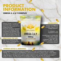 Omega 3 6 9 Capsules High Strength | 1000mg - 90 Softgel Capsules | Supports Maintenance of Normal Blood Cholesterol | Omega 369 with EPA, DHA & ALA from Fish Oil - Made for Hellenia