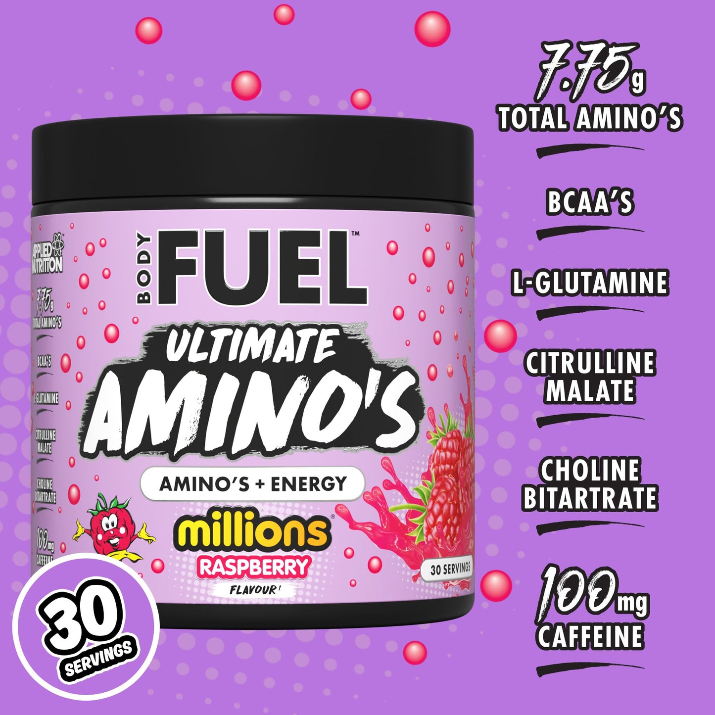 Applied Nutrition BodyFuel Amino's - Amino Acids Supplement, EAA Essential Amino Acids Powder, Muscle Fuel & Recovery (270g - 30 Servings) (Millions Raspberry)