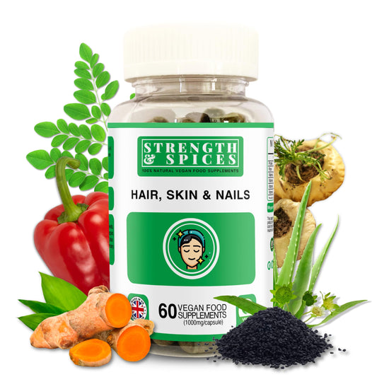 STRENGTH & SPICES100% Natural Vegan Food Supplements Strength & Spices Hair, Skin & Nails 100% Natural Supplement – 20 Ingredients w Biotin Selenium & Zinc - 60 Vegan UK Made 1000mg Capsules – Hair & Nails Growth, Collagen Formation