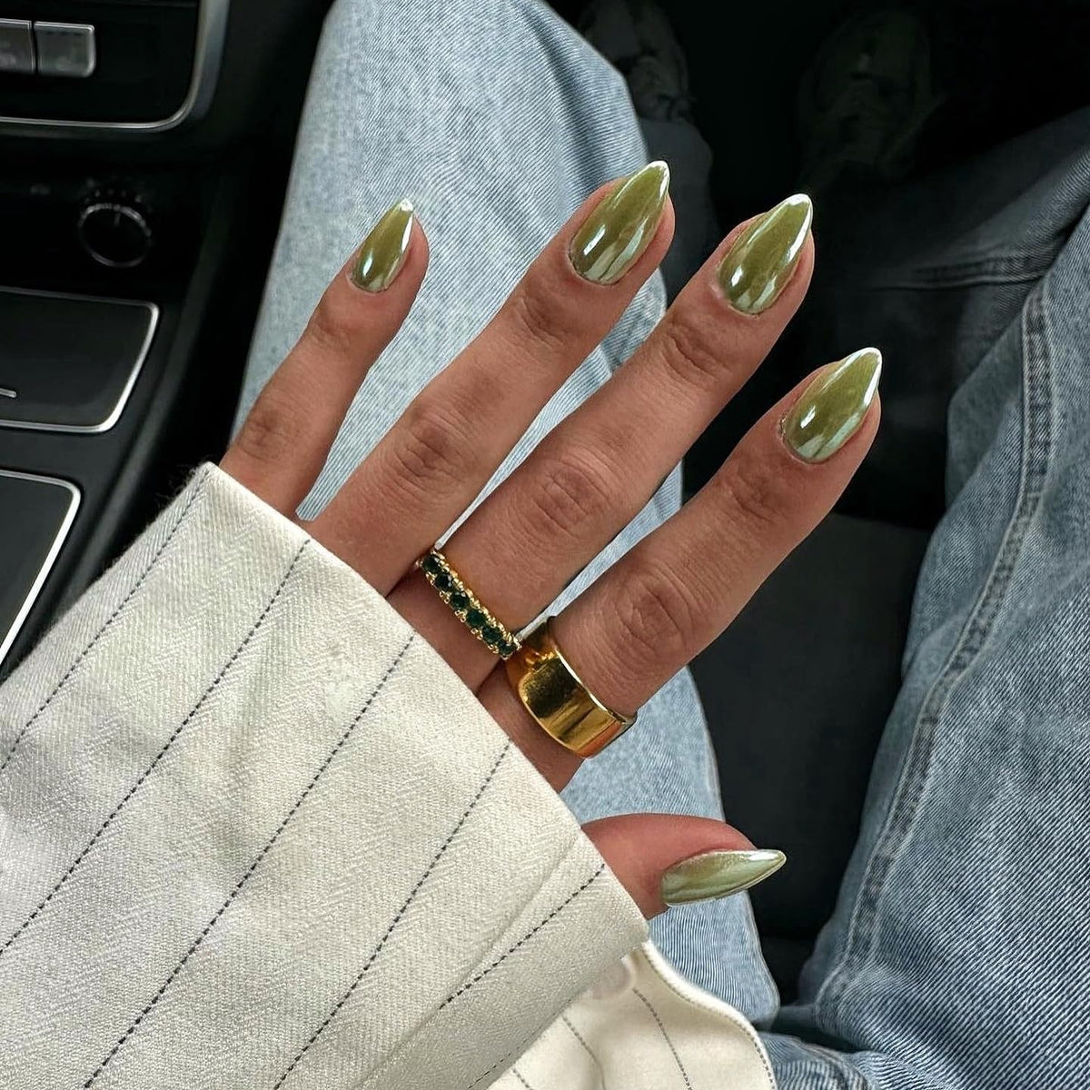 Chrome Green False Nails Almond, SXVME Glazed Chrome Press On Nails Medium Stiletto, Glitter Shine Fake Nails Medium Cute, Spring Acrylic Stick on Nails for Women Daily & Party Wear