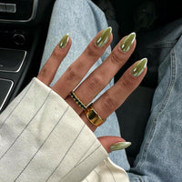 Chrome Green False Nails Almond, SXVME Glazed Chrome Press On Nails Medium Stiletto, Glitter Shine Fake Nails Medium Cute, Spring Acrylic Stick on Nails for Women Daily & Party Wear