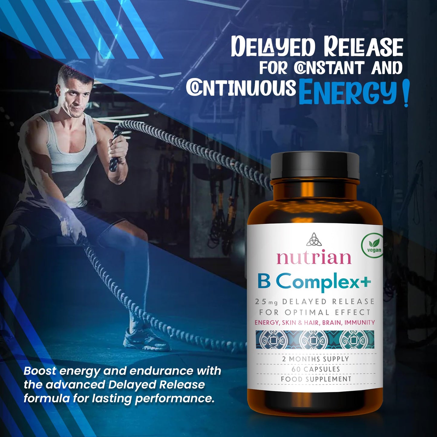 Nutrian Vitamin B Complex High Strength - 60 Capsules - Vegan - Delayed Release - Blend of B Vitamins for Immune Support, Cognitive Function, Healthy Skin & Hair - 2 Months Supply