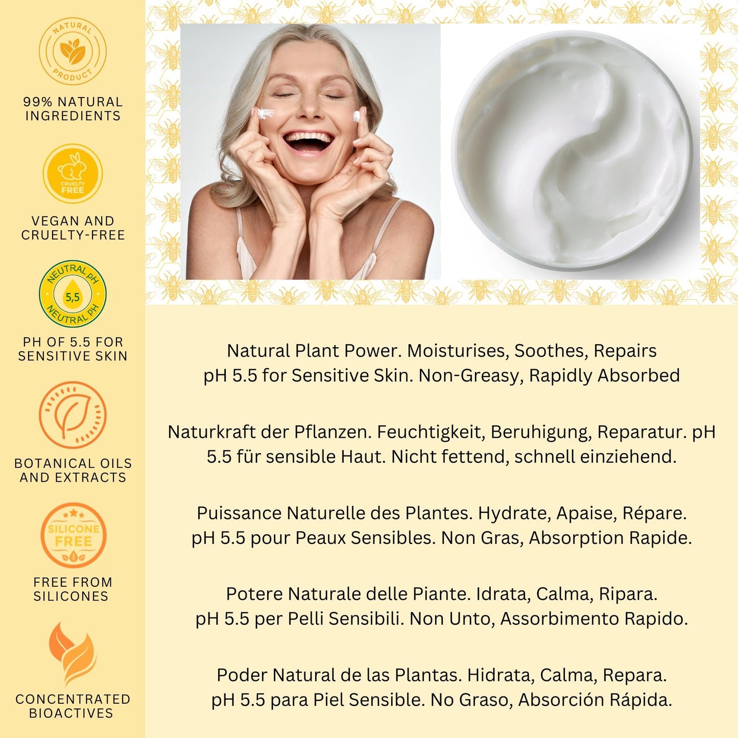 BEES of BRITAIN - 99% Natural Rich Day Cream - Honey, Lavender. Soothe, Nourish, Hydrate Dry Skin. pH 5.5, Sensitive Skin. We Donate 5% of our Profit to Save Bees + Pollinators.100g