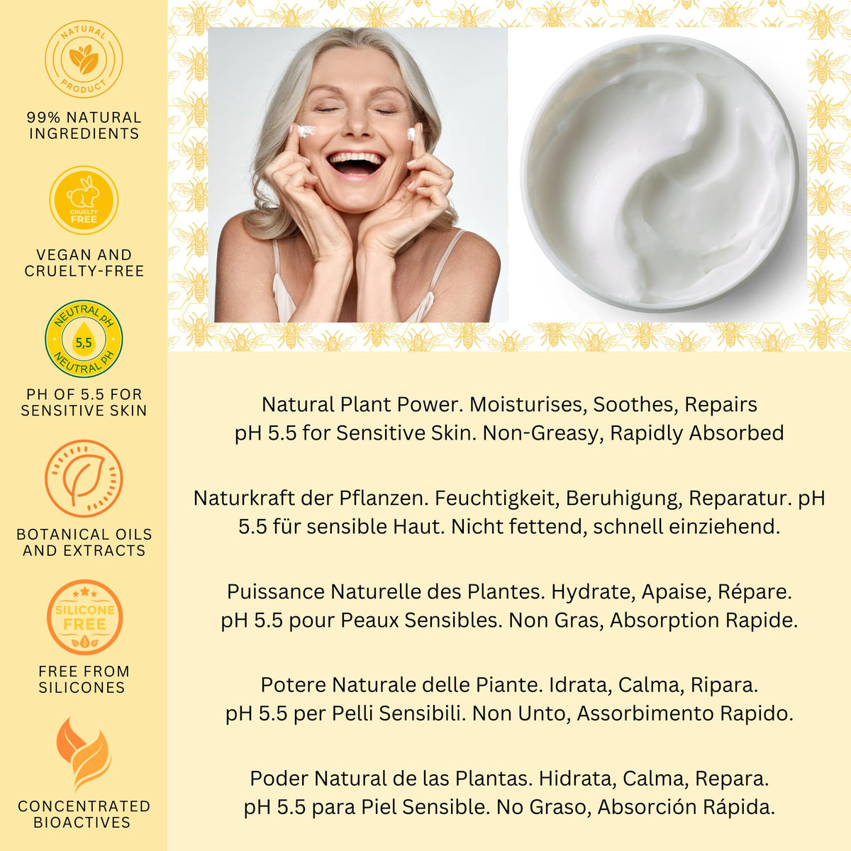 BEES of BRITAIN - 99% Natural Face Cream - Unscented. Soothe, Nourish, Hydrate Dry Skin. pH 5.5, Sensitive Skin. We Donate 5% of our Profit to Save Bees + Pollinators.100g