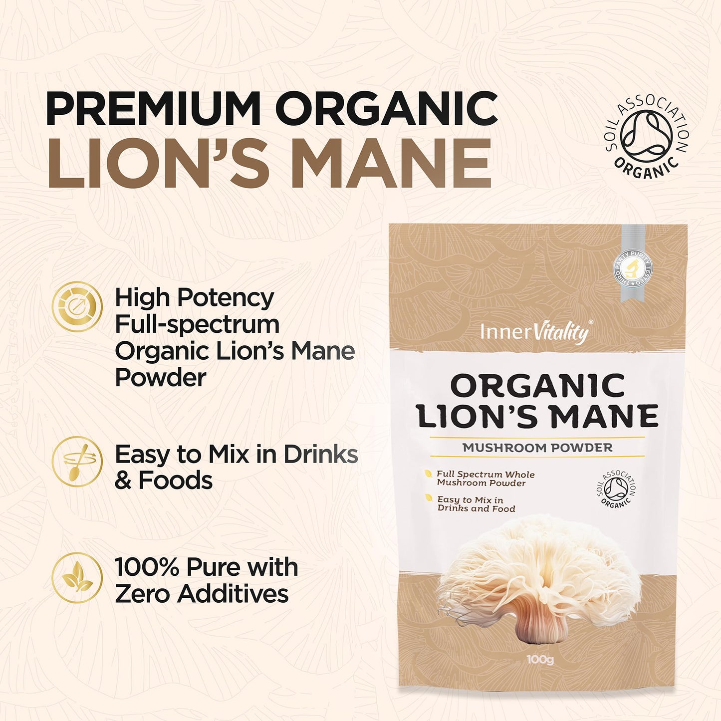 Organic Lions Mane Mushroom Powder, Brain Support & Focus High Strength Full-Spectrum Supplement for Mental Performance - 100g by Inner Vitality