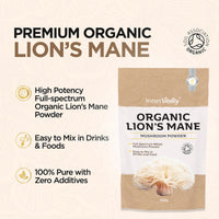 Organic Lions Mane Mushroom Powder, Brain Support & Focus High Strength Full-Spectrum Supplement for Mental Performance - 100g by Inner Vitality