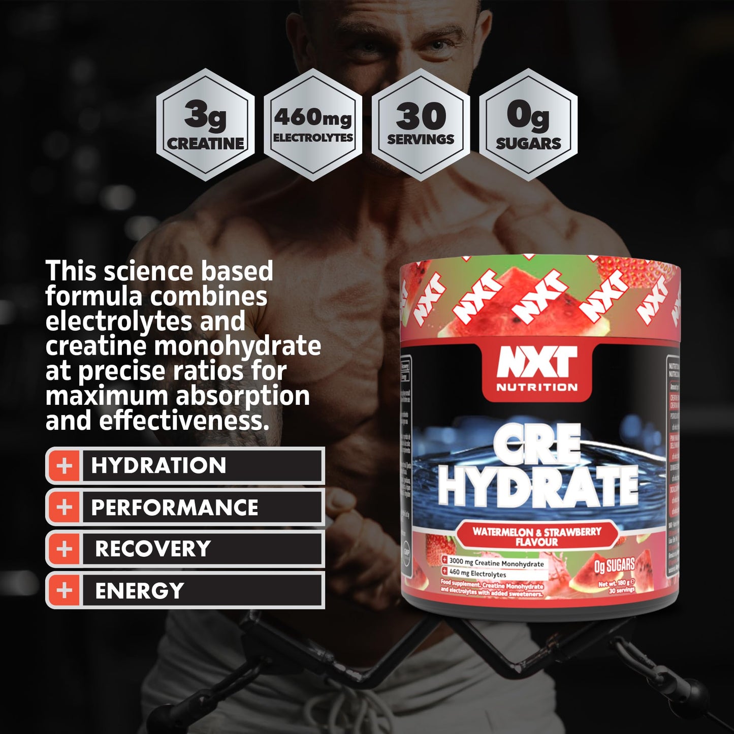 NXT Nutrition Creatine Powder and Electrolyte Mix, 100% Pure Creatine Monohydrate Powder for Strength and Power with Hydrating Electrolytes (180g, Watermelon and Strawberry)