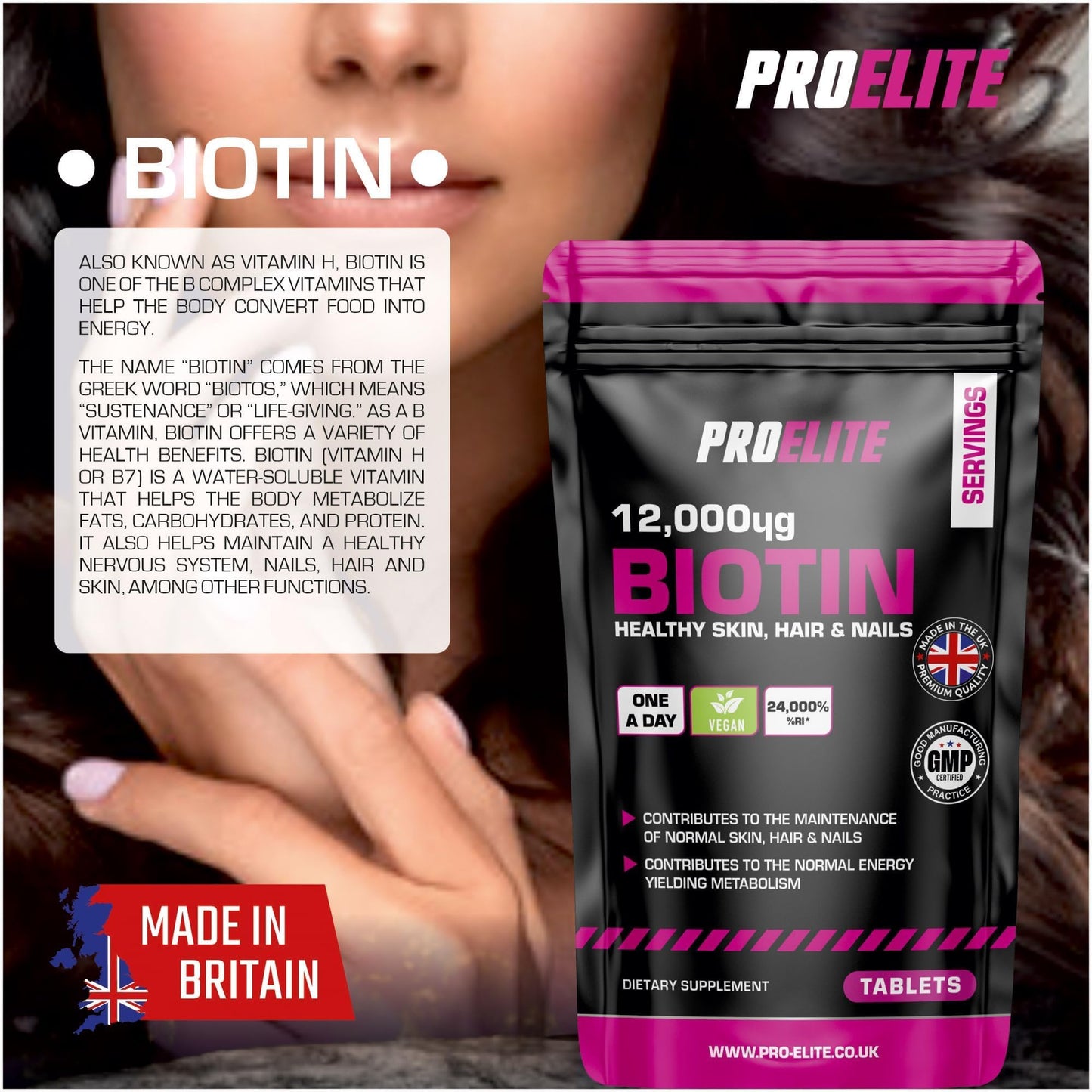 Biotin Hair Growth Supplement 12,000mcg - 180 Vegan High Strength Biotin Tablets - Hair and Nails Vitamins for Women & Men - Supports Hair, Skin & Nail Growth Vitamin B7 Tablets - PROELITE