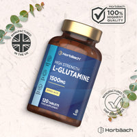 Horbäach L-Glutamine Tablets 1500mg | 120 Count | High Strength Amino Acid | Suitable for Vegans and Vegetarians | By Horbaach