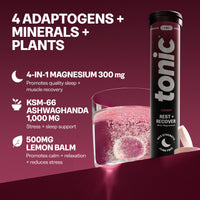Tonic Health Rest and Recovery Effervescent Tablets - 300mg Elemental Magnesium, Ashwagandha, Lemon Balm - No Sugar, Magnesium Glycinate - Relax and Recharge, Calming Cherry 20 Count