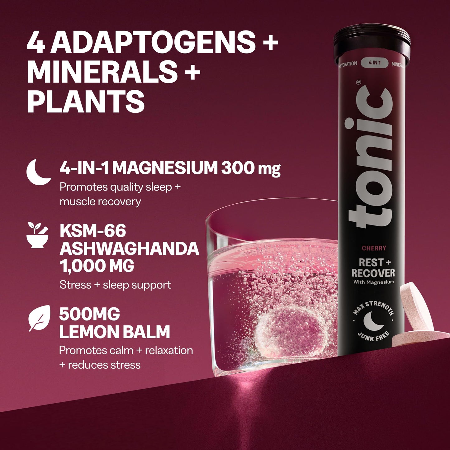Tonic Health Rest and Recovery Effervescent Tablets - 300mg Elemental Magnesium, Ashwagandha, Lemon Balm - No Sugar, Magnesium Glycinate - Relax and Recharge, Calming Cherry 60 Count
