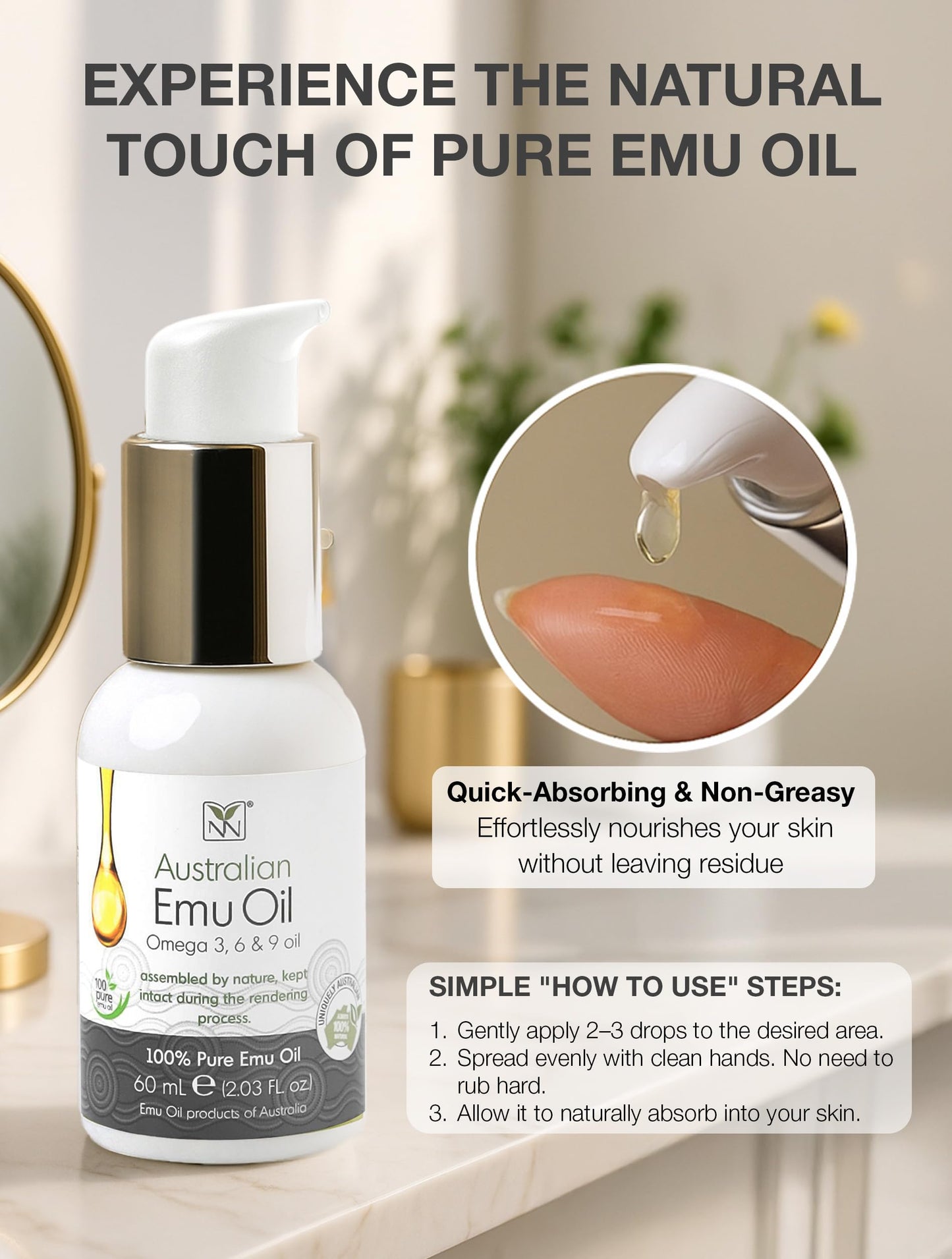 Y Not Natural Emu Oil for Skin & Hair - Scalp, Nails, Hair, Face and Body Oil Infused with Omega 3, 6, 9, Vitamins, & Minerals - 60mL Unscented Body & Face Serum for Fine Lines, Stretch Marks, Dry Lips & Cuticles