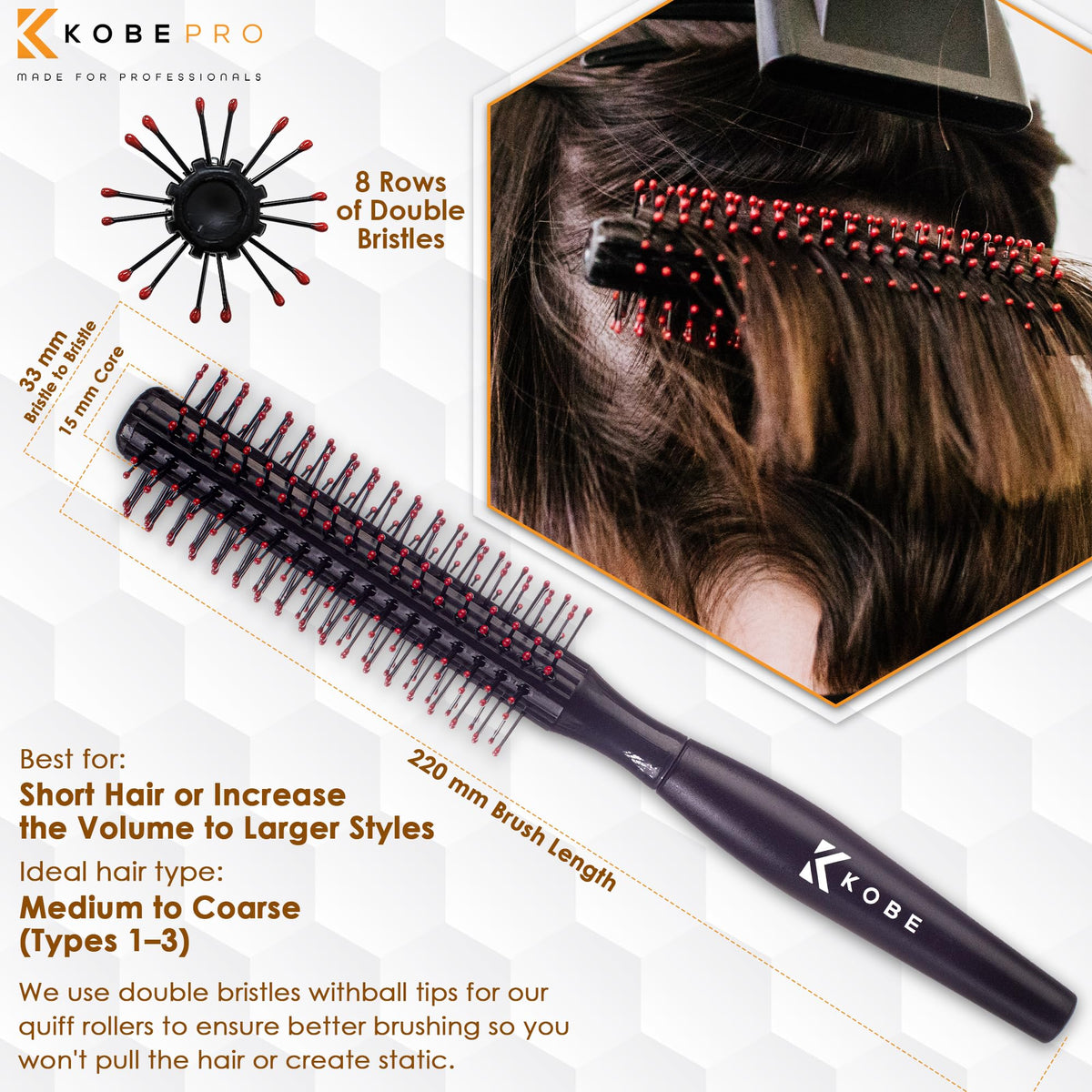Kobe Professional Small Round Hair Brush and Quiff Roller for Men | Black 15mm 8-Row Double Bristles | Comfort Ball-Tipped Pins, Non-Slip Grip, Anti-Static Volumising Styling Tool Barber Supplies