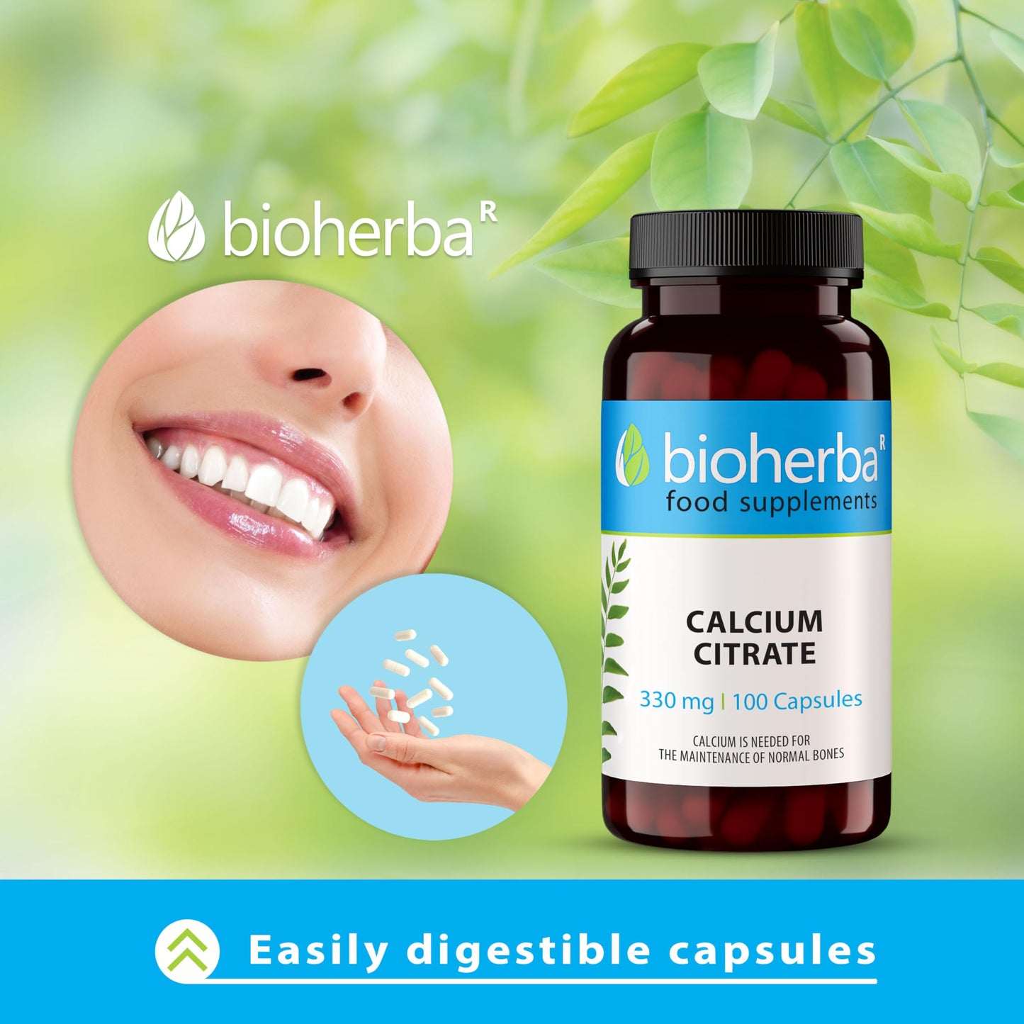 Calcium Capsules - 330 mg Calcium Citrate - 100 Capsules - High-Potency Supplement for Strong Bones and Teeth by BIOHERBA