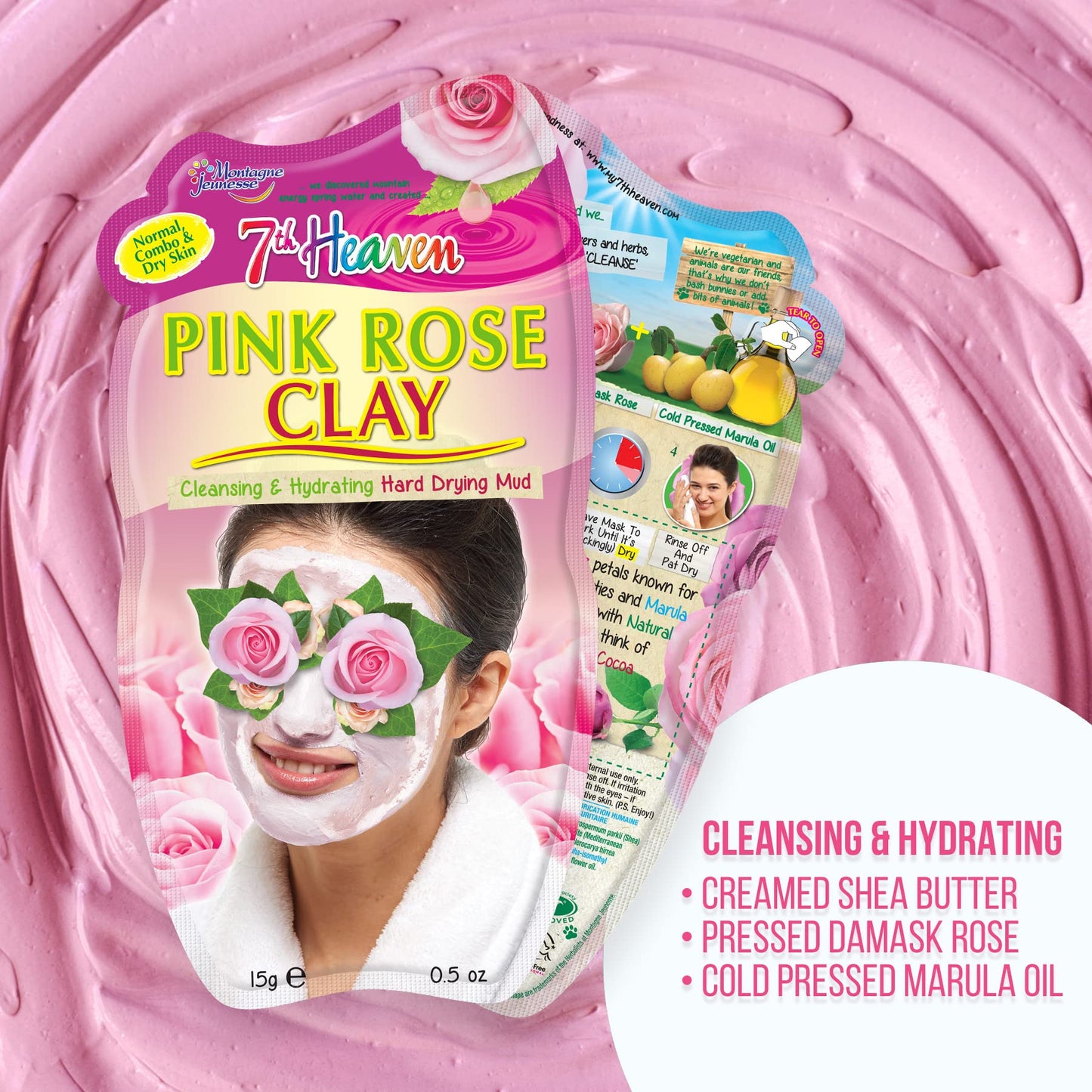 7th Heaven Pink Rose Clay Hard Drying Mud Face Mask with Shea Butter, Damask Rose and Marula Oil to Cleanse and Hydrate Skin - Ideal for Normal, Combination and Dry Skin
