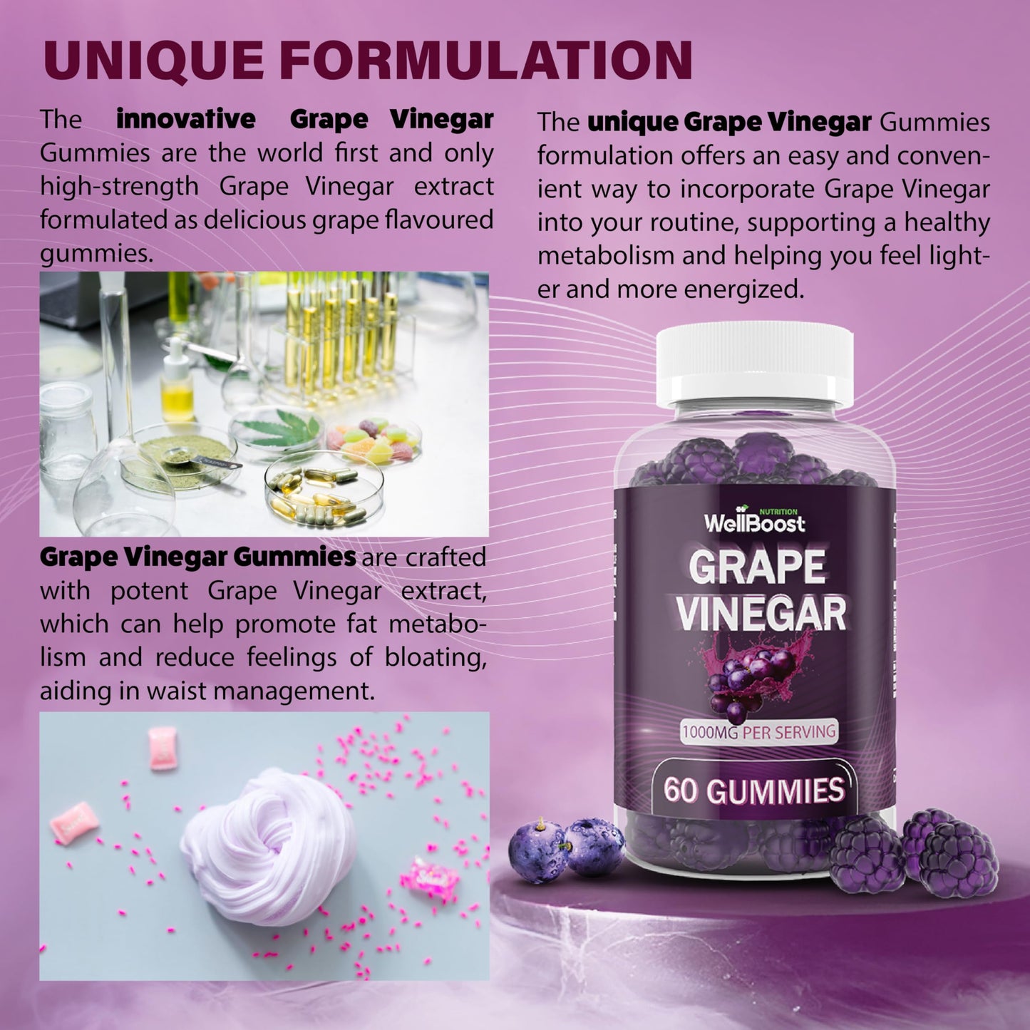 WellBoost Grape Vinegar Gummies, Rich in Grape Vinegar Extracts 1000mg- Chewable Vegan Sugar-Free Gummies, Grapes Flavour (1 month supply)