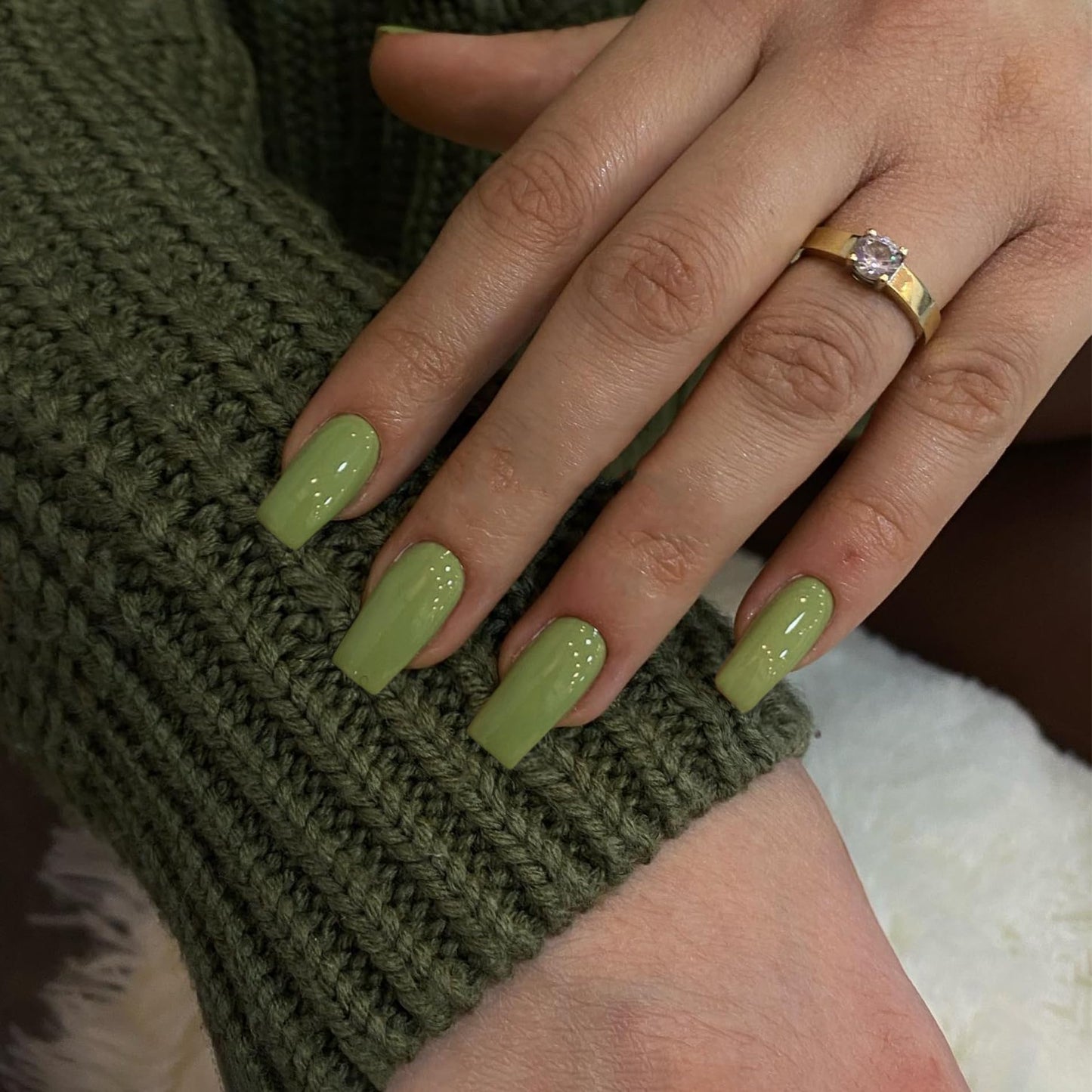 SXVME Olive Green False Nails Long Square, Acrylic Press on Nails Long Medium Coffin, Glossy Gel Fake Nails Press on, Solid Color Square Tip Stick on Nails For Women Daily Wear, 24 Pcs