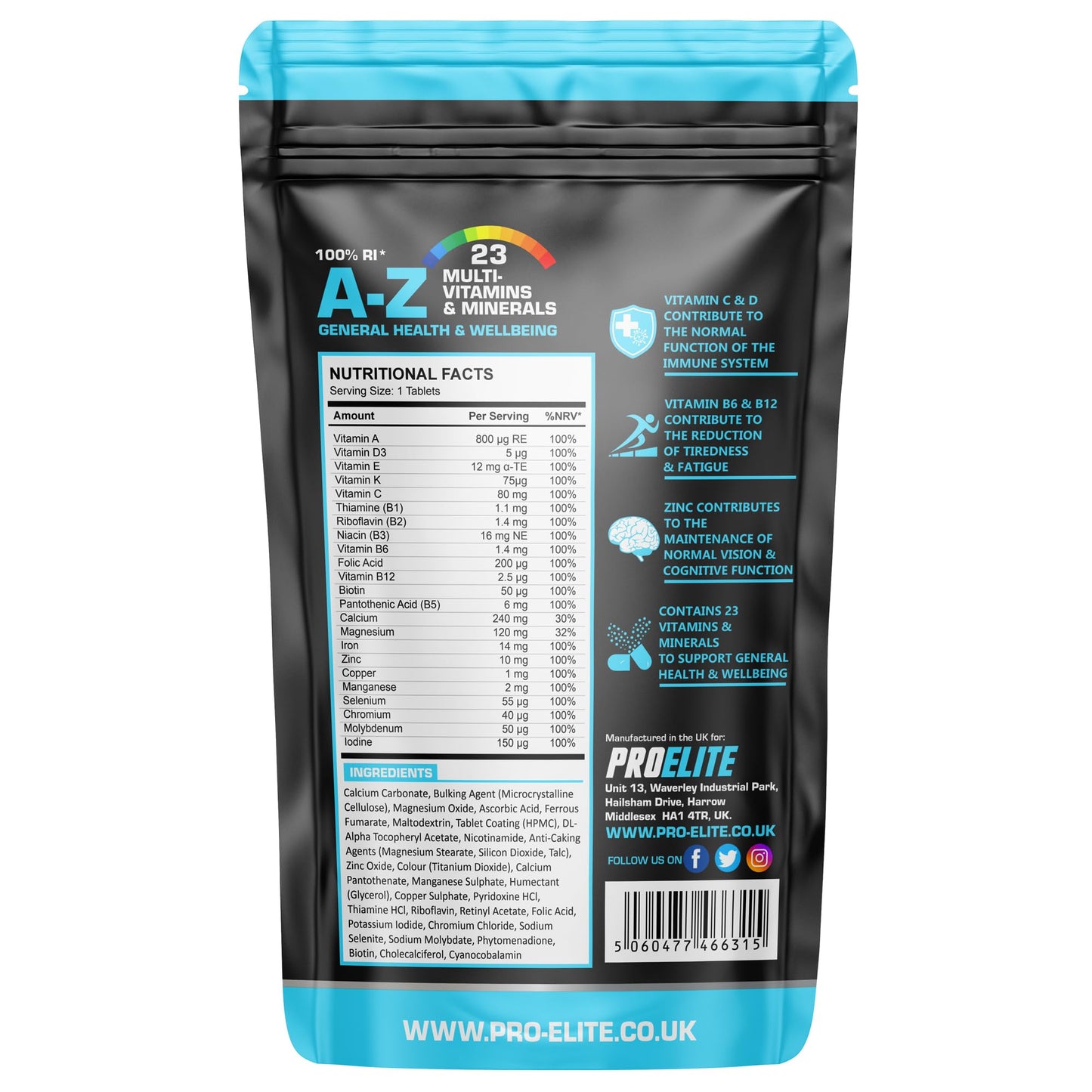 Multivitamins & Minerals - 365 Vegan Tablets - One a Day 100% RDA - 23 Essential Vitamins & Minerals in A-Z Multivitamin Tablet - Made in The UK by PROELITE