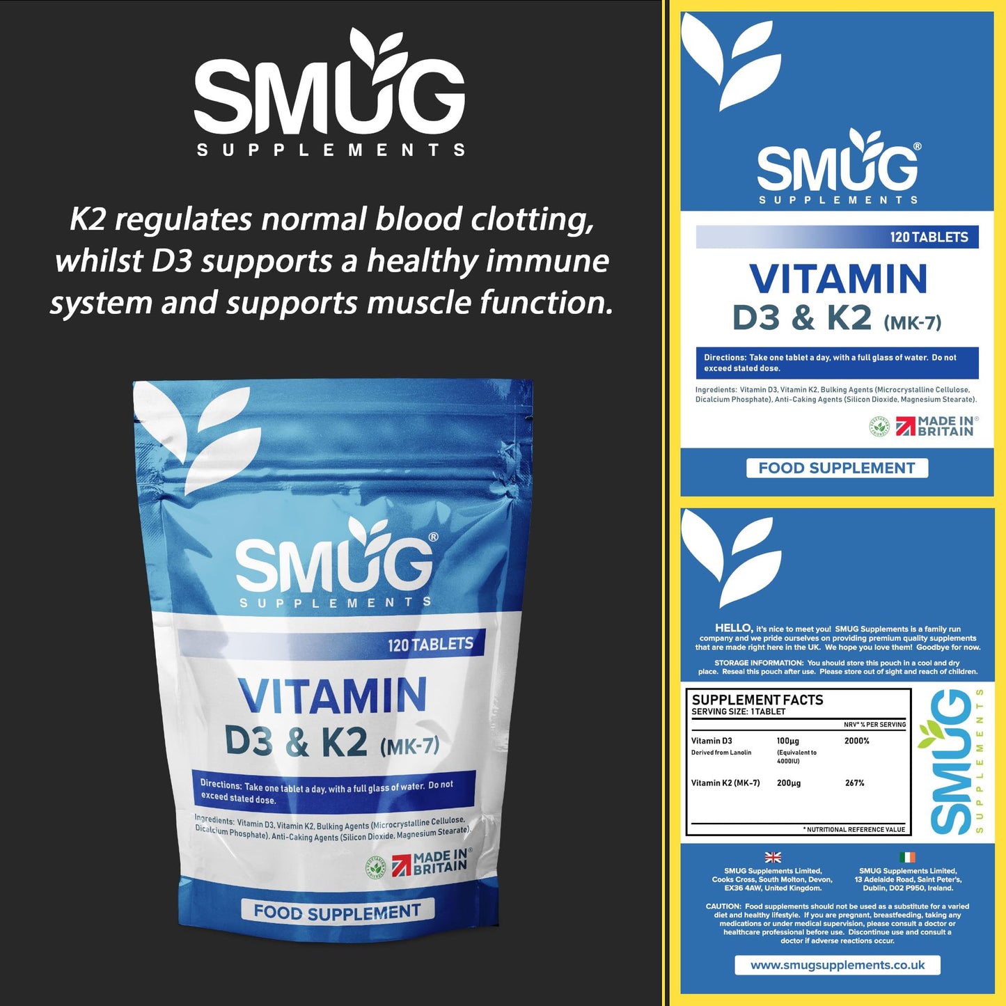 SMUG Supplements Vitamin D3 4000iu & Vitamin K2 200ug (MK-7) - 120 Vegetarian Tablets - Supports Immune System - Promotes Healthy Bones - for Men and Women - Made in Britain