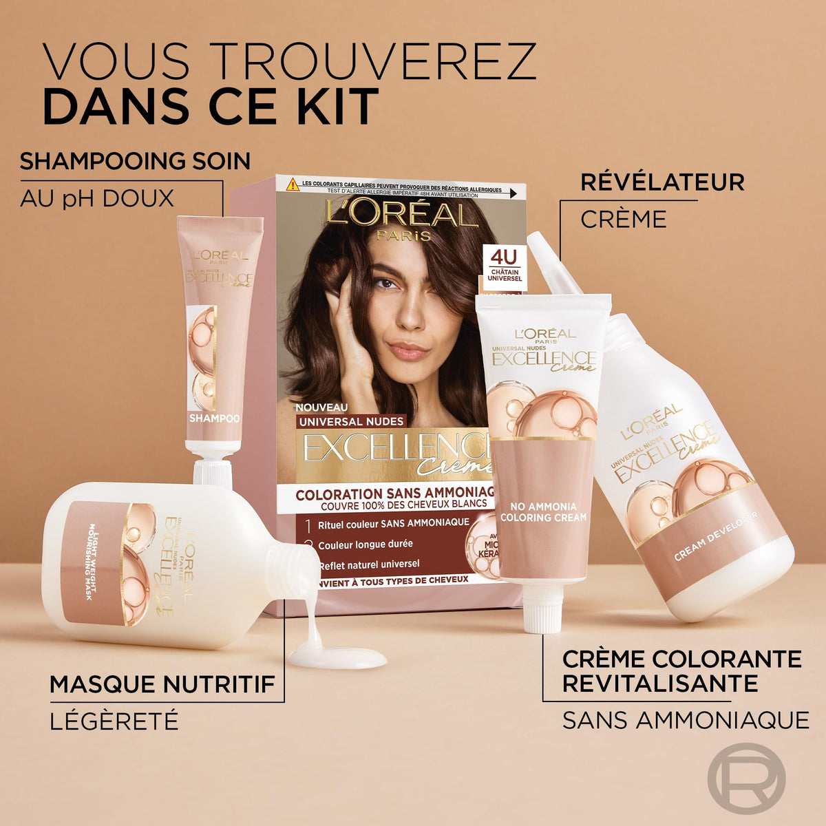 L'Oreal Paris L'Oréal Paris - Permanent Hair Colour Kit - Ammonia Free - Covers 100% White Hair - Excellence Cream Universal Nudes - Shade : Universal Dark Brown (3)