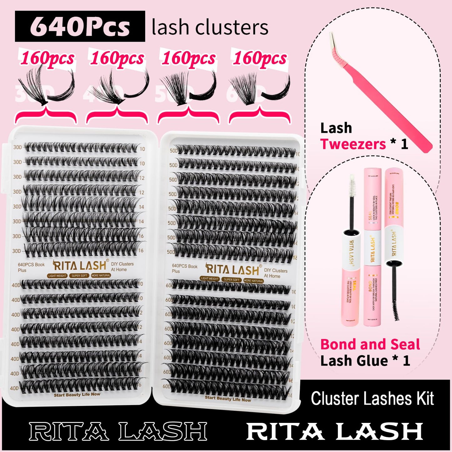 RITALASH Lash Extension Kit DIY 640pcs Lash Clusters Eyelash Extension, 10-16mm Individual Lashes Kit with Lash Bond and Seal, Lash Tweezers for Self Use (30D+40D+50D+60D KIT)
