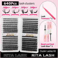 RITALASH Lash Extension Kit DIY 640pcs Lash Clusters Eyelash Extension, 10-16mm Individual Lashes Kit with Lash Bond and Seal, Lash Tweezers for Self Use (30D+40D+50D+60D KIT)