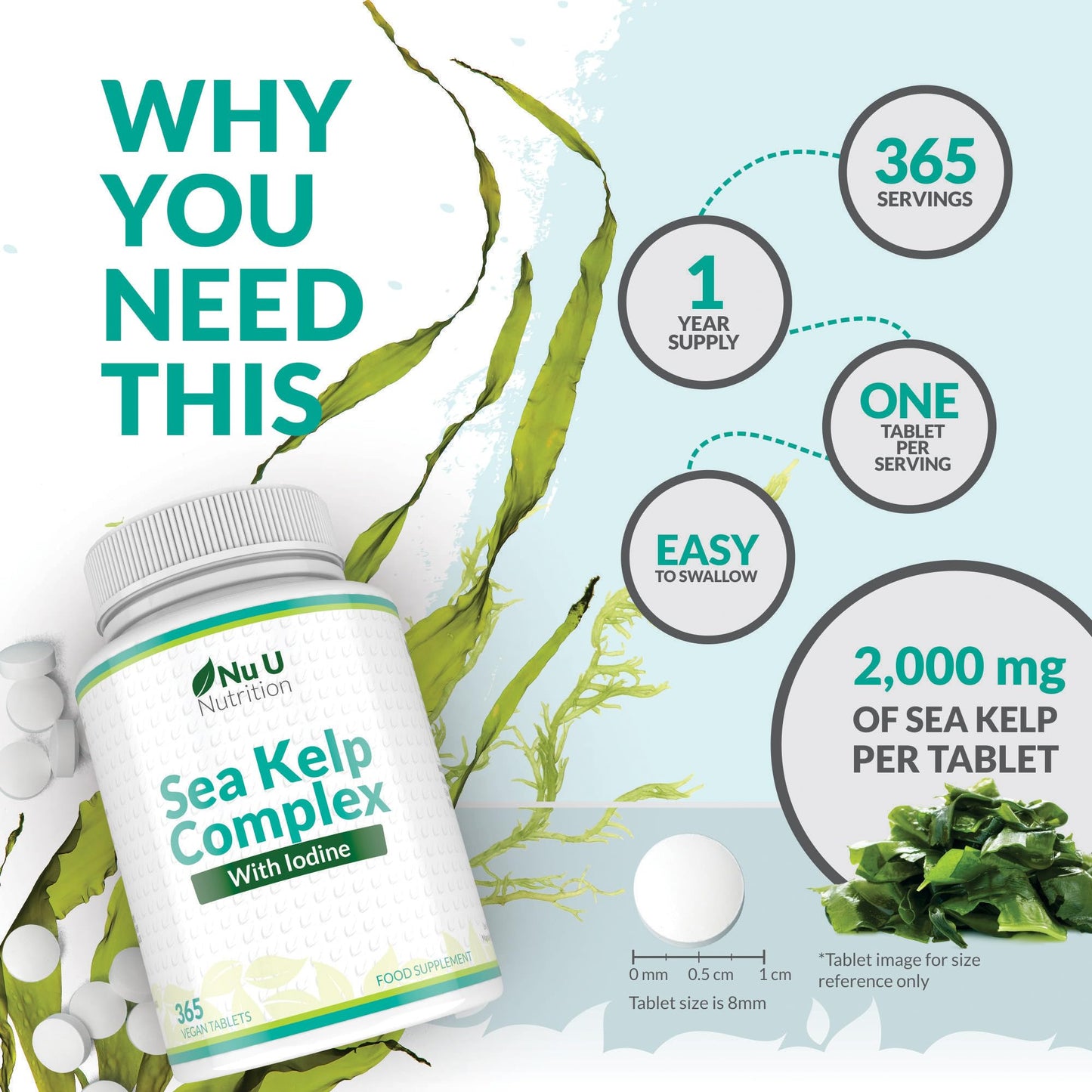 Sea Kelp Iodine Supplement Complex - 365 Vegan Tablets - 435mcg of Iodine per Tablet - 1 Year Supply - Wild Harvested Seaweed - GMO Free - Made in The UK - Nu U Nutrition