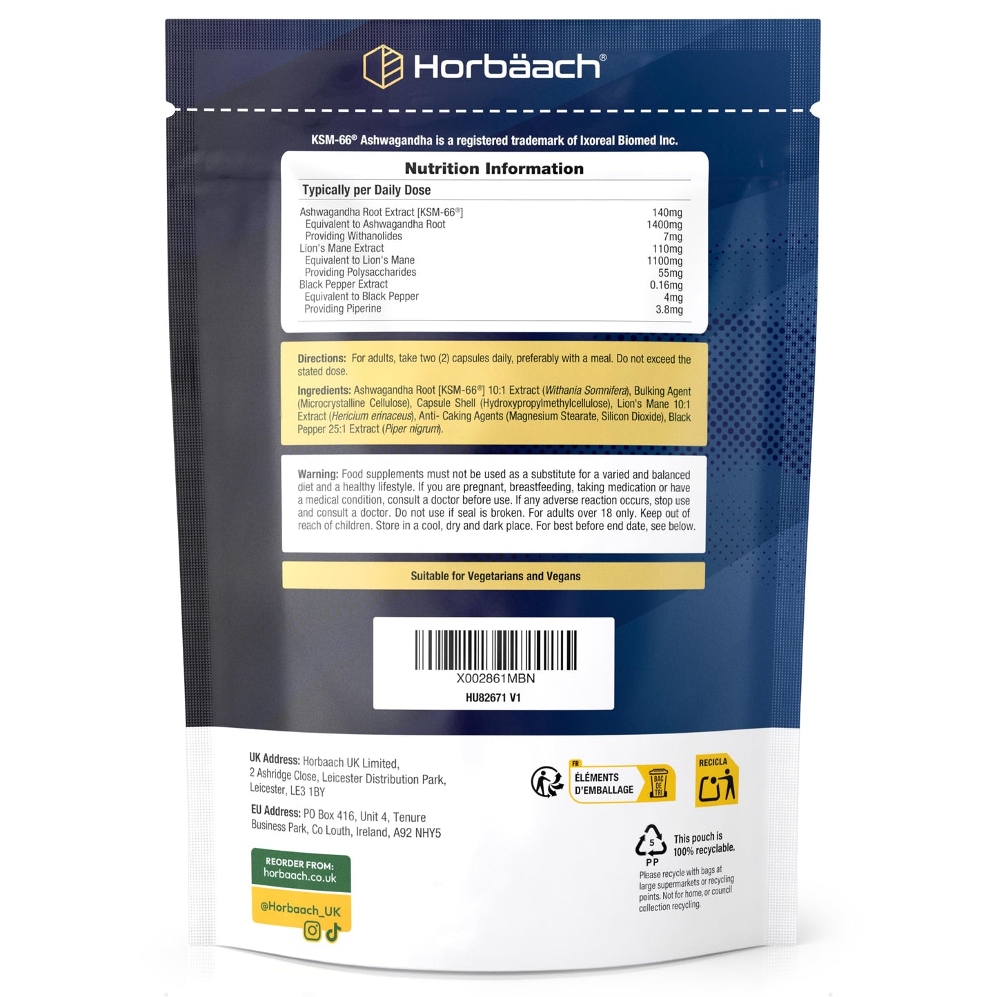 Horbäach Ashwagandha KSM-66 and Lion's Mane 2500mg Capsules | KSM-66 Ashwagandha Root Extract & Lion's Mane Mushroom Extract, Enhanced with Black Pepper | 120 Vegan Capsules | by Horbaach