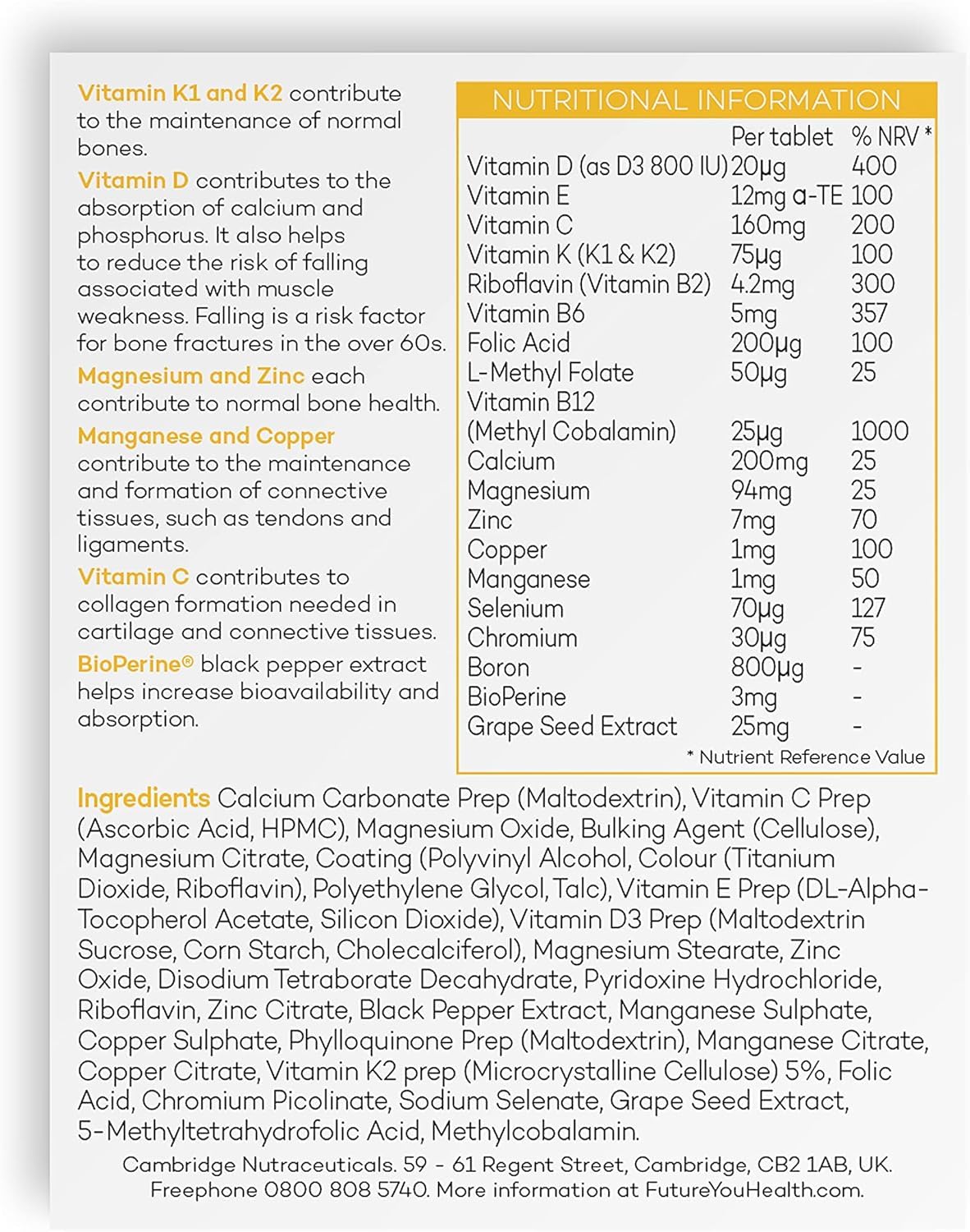 Prime Fifty Strong Bones Supplements – 120 Multivitamin Tablets with Calcium, Magnesium, Zinc, Copper & Vitamins – Developed for Over 50s to Help Keep You Active