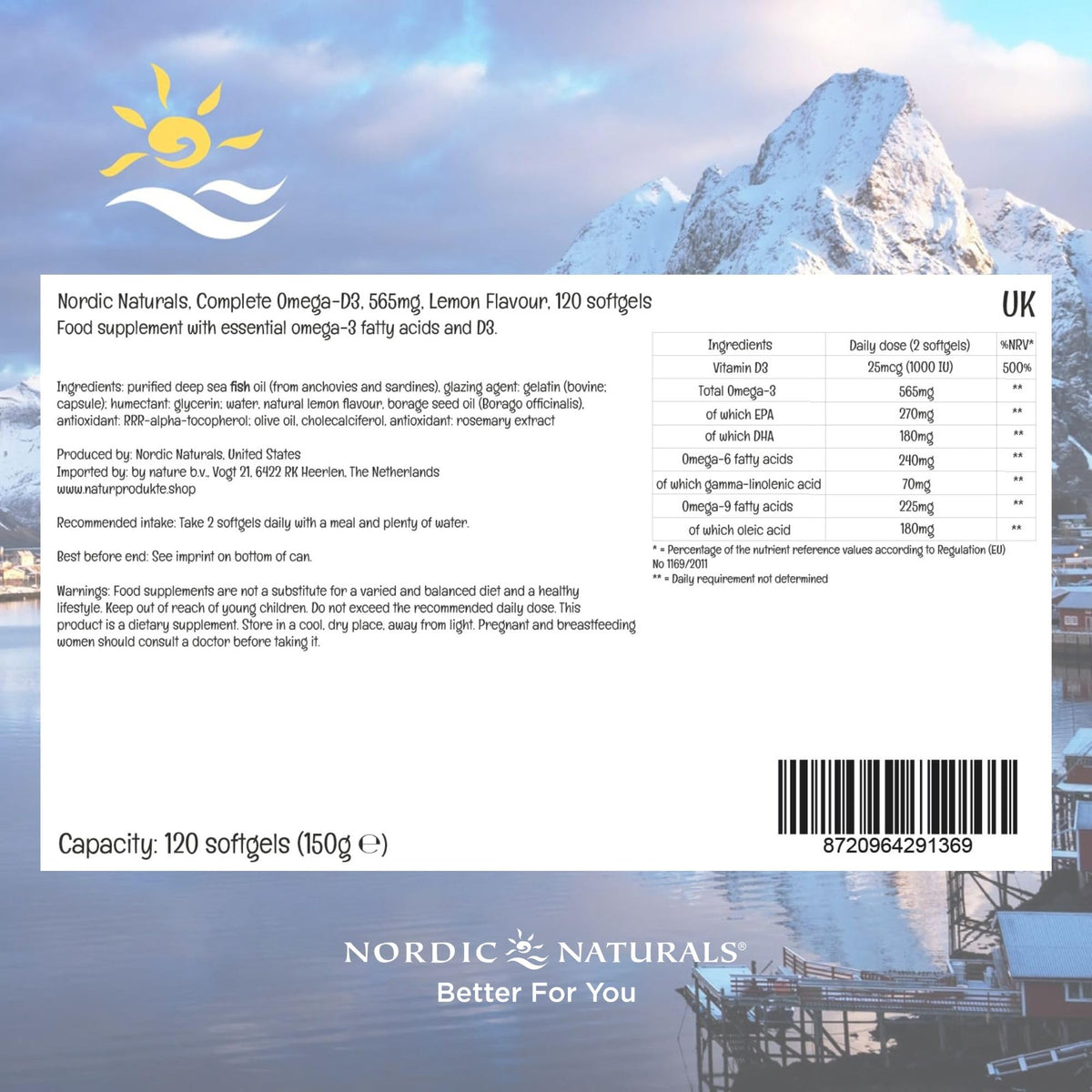 Nordic Naturals Complete Omega-D3, 565mg Omega 3 Fish Oil Omega 3 Supplements with Omega 6, Omega 9 and Vitamin D3, High Dose, Lemon Flavour, 120 Softgels, Soy Free, Gluten Free
