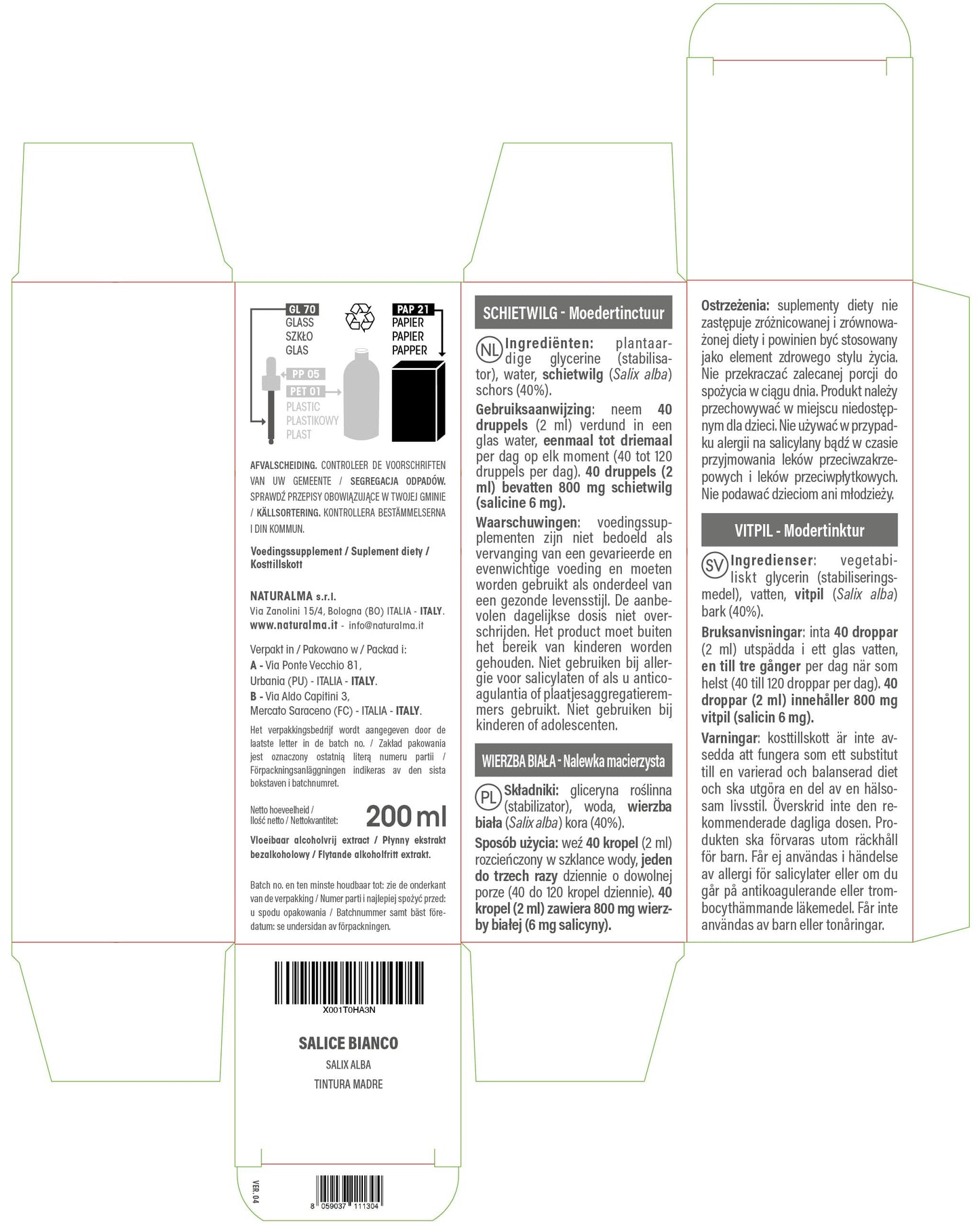 White Willow (Salix alba) bark Alcohol-Free Mother Tincture Naturalma | Liquid Extract Drops 200 ml | Food Supplement | Vegan