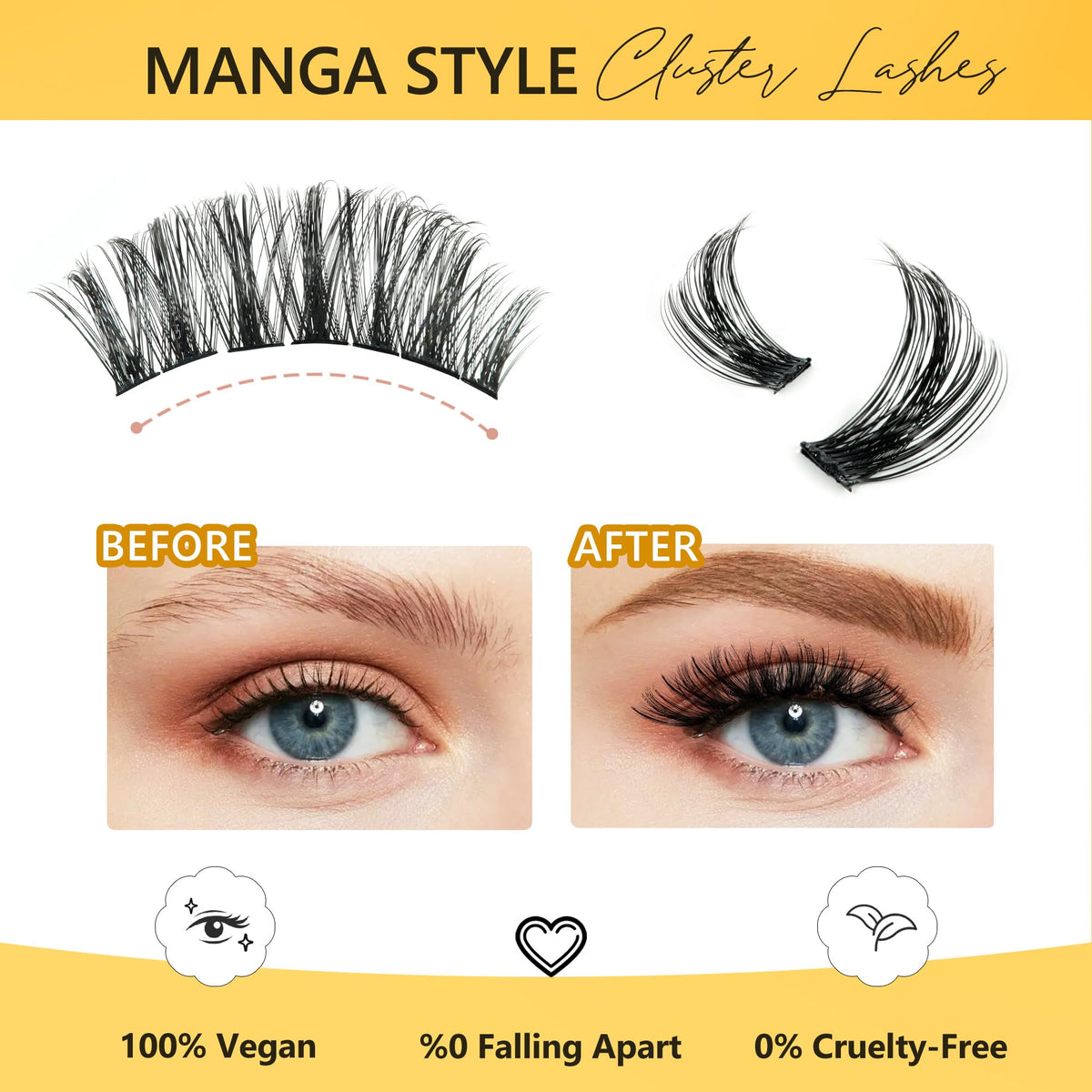 LANKIZ Manga Lashes Natural Look Lash Clusters Anime Lashes False Eyelashes Individual Lashes Extensions Korean Makeup Asian Fake Eyelashes Mink Wispy Fluffy Cluster Lashes