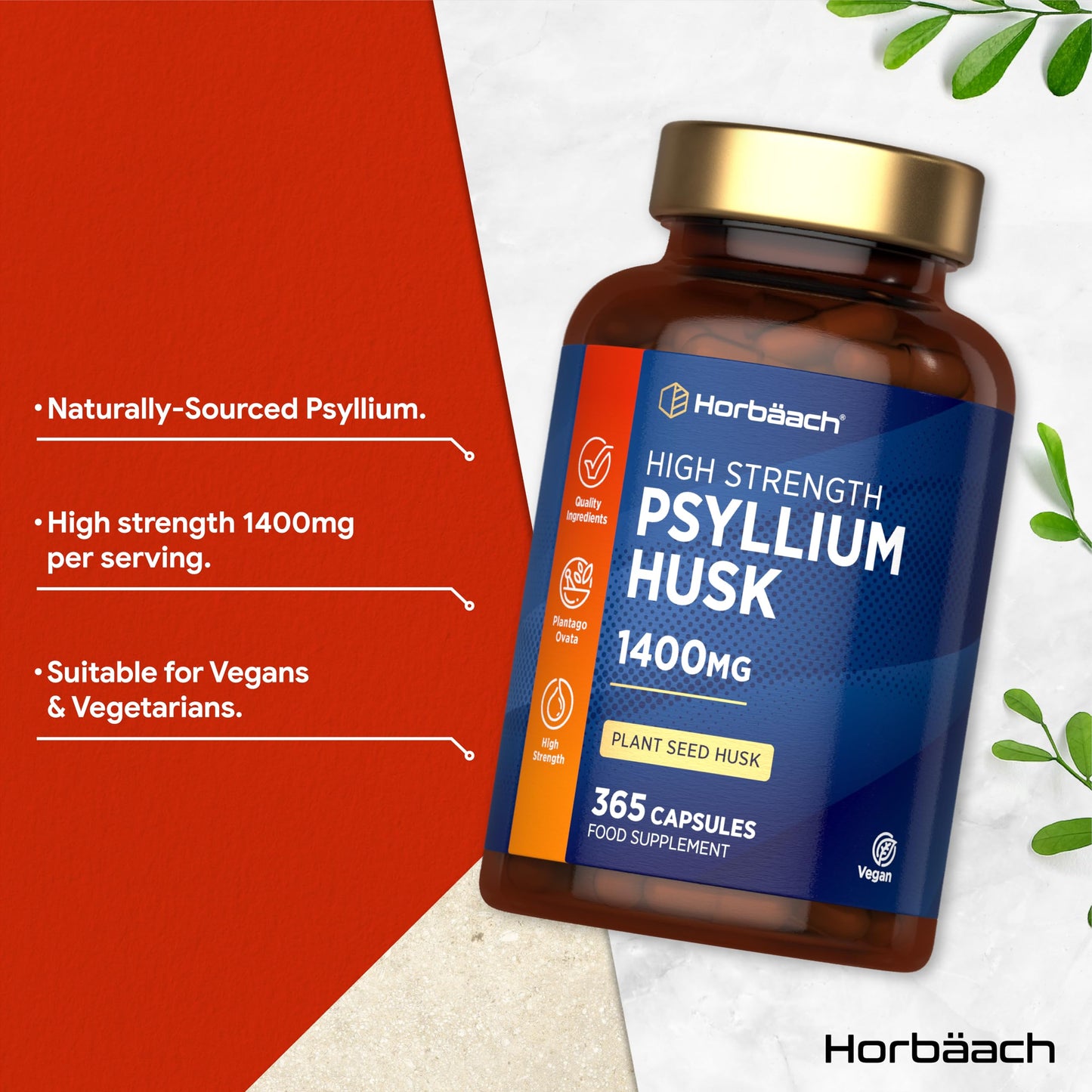 Horbäach Psyllium Husk Capsules 1400mg | Fibre Supplement | 365 Vegan Capsules (6-Month Supply) | High Strength Psyllium Husk Powder | Natural Prebiotic | by Horbaach