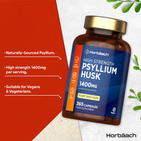 Horbäach Psyllium Husk Capsules 1400mg | Fibre Supplement | 365 Vegan Capsules (6-Month Supply) | High Strength Psyllium Husk Powder | Natural Prebiotic | by Horbaach