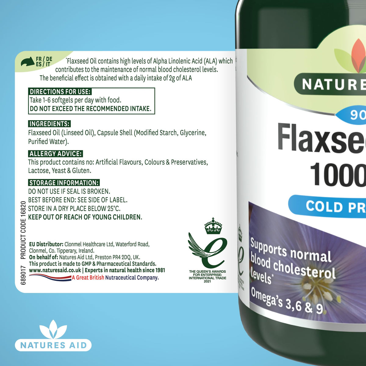 Natures Aid Flaxseed Oil 1000mg – High Strength Omega-3 Softgels – Supports Heart & Brain Function – Vegan, Non-GMO, Gluten-Free – Cold Pressed Essential Fatty Acids – 90 Capsules