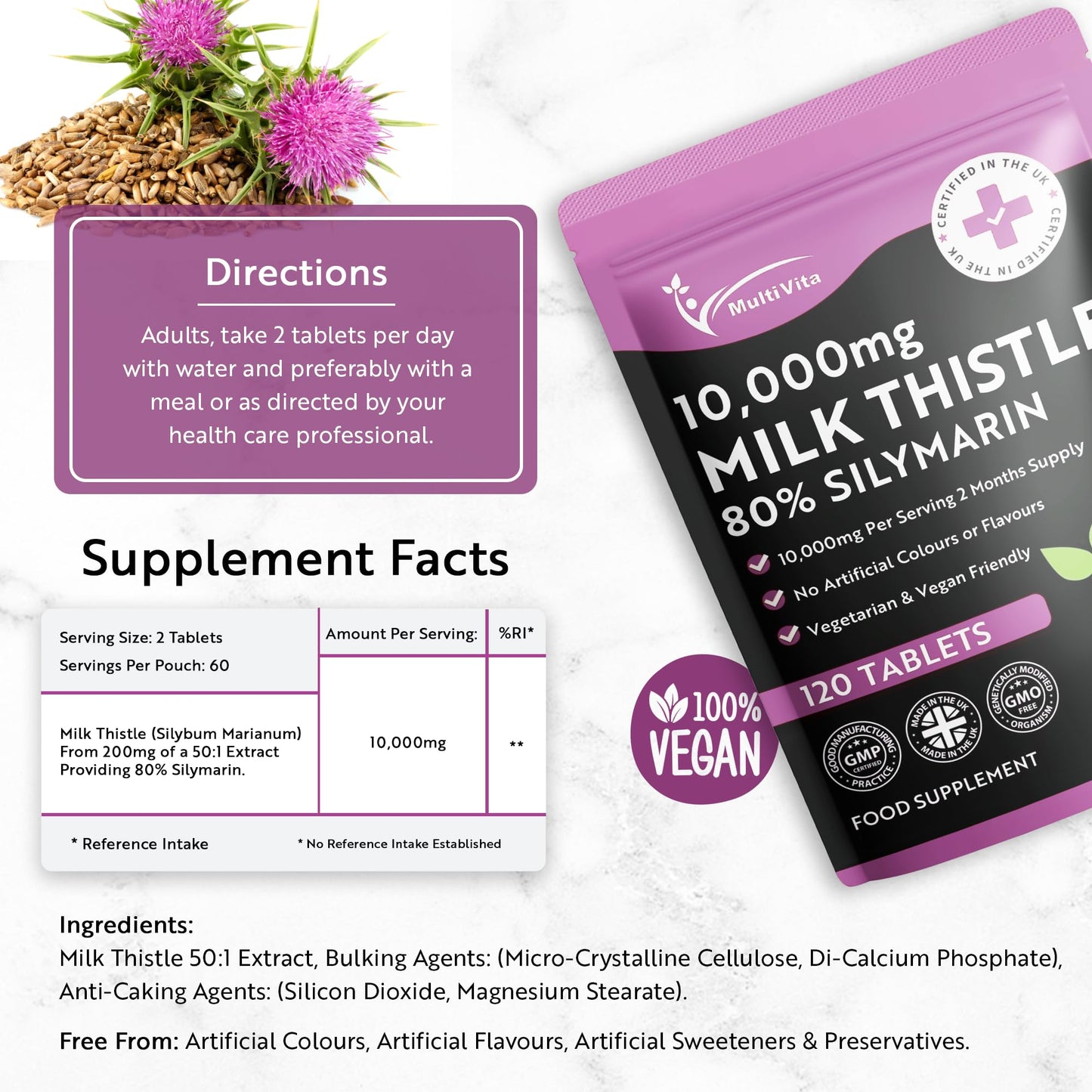 Multivita Milk Thistle Tablets 80% Silymarin High Strength 10,000mg Per Serving 2 Months Supply, 120 Vegan Tablets - Milk Thistle Capsules Alternative - Premium Supplement Made in UK