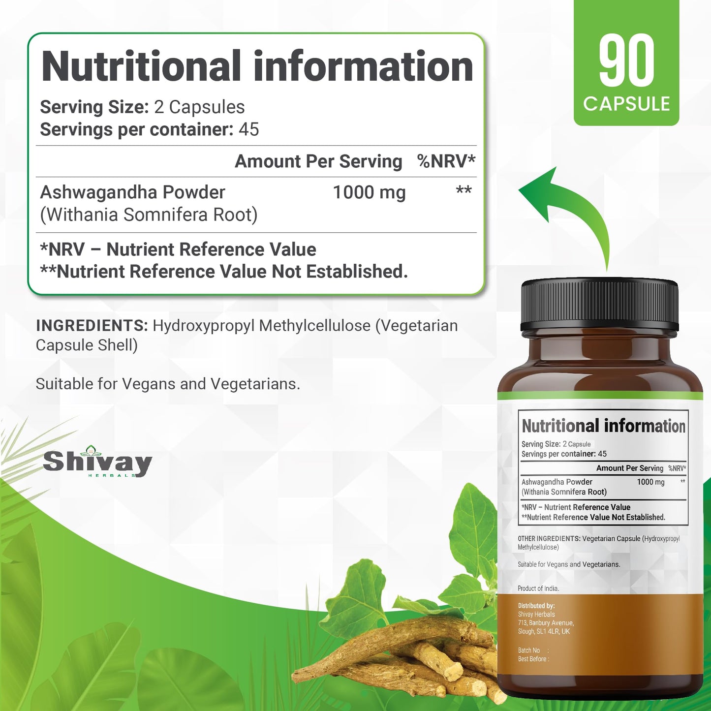 Ashwagandha 1000mg per Serving | 90 Capsules | 45 Day Supply | Vegan Capsules | Pure High Strength Ashwagandha Root Extract Supplement by Shivay Herbals