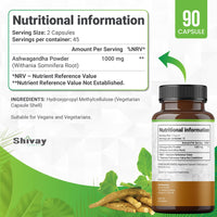 Ashwagandha 1000mg per Serving | 90 Capsules | 45 Day Supply | Vegan Capsules | Pure High Strength Ashwagandha Root Extract Supplement by Shivay Herbals