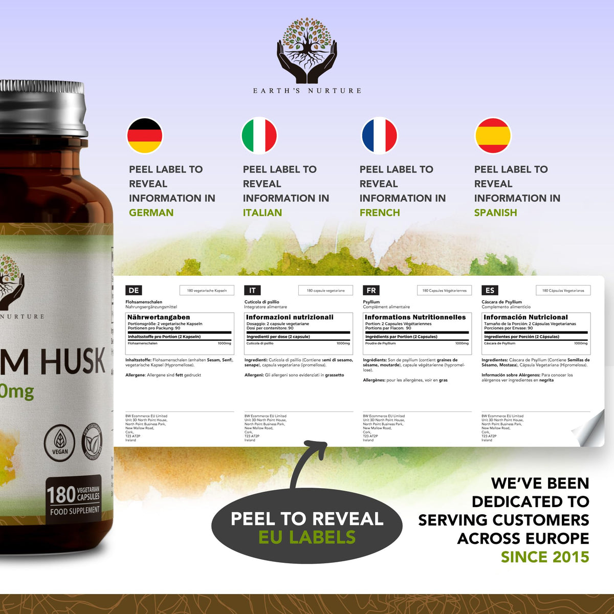 Earth's Nurture EN Psyllium Husk | 180 Fibre Supplement Psyllium Husks Capsules - 1000mg per Serving | High Strength Fiber Supplement with Psylium Husk Powder | Non-GMO & Allergen Free | Made in UK