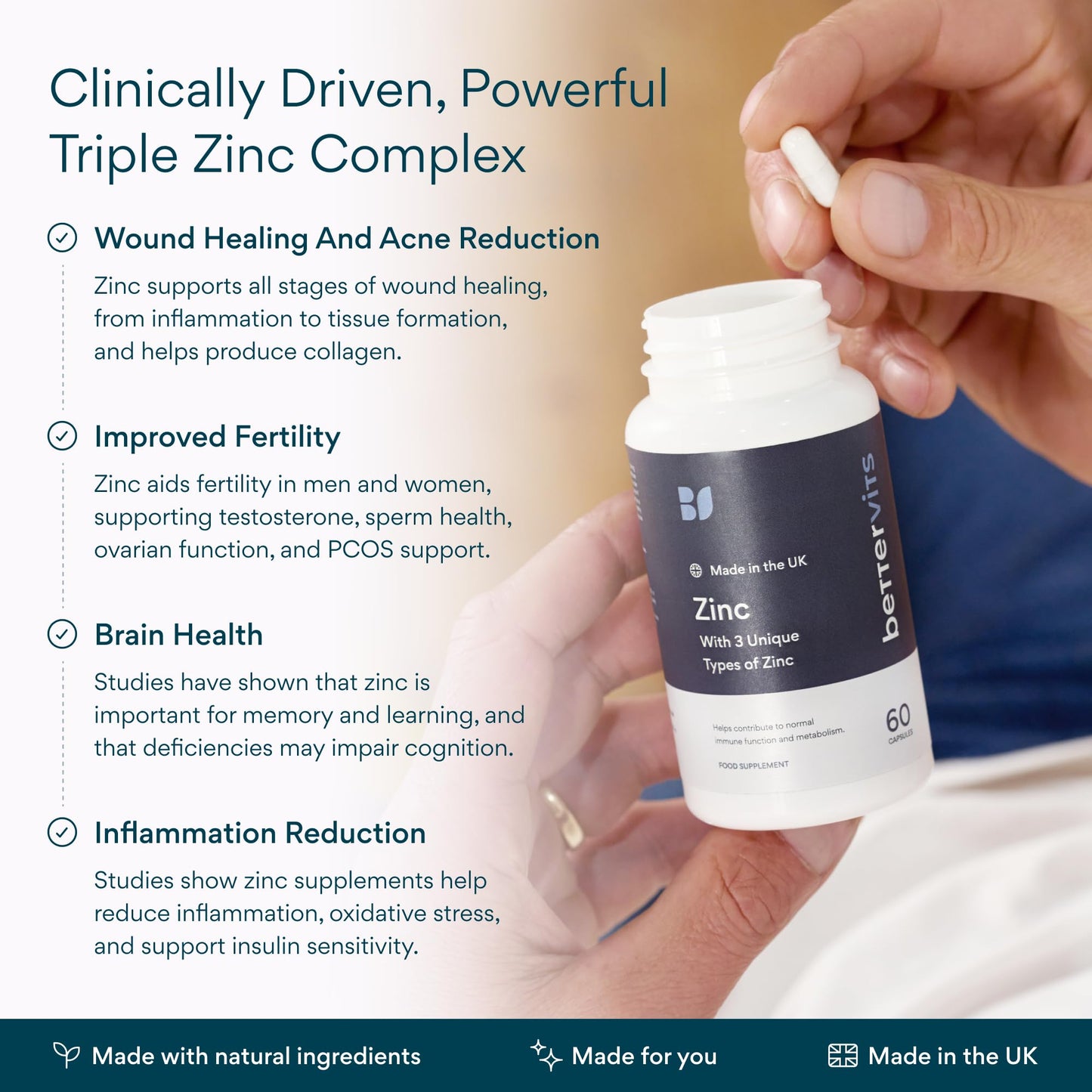 Bettervits Zinc Supplements for Men & Women | High Absorption Zinc Picolinate, Glycinate and Citrate 30mg | Immune and Skin Support - High Strength | 60 Capsules