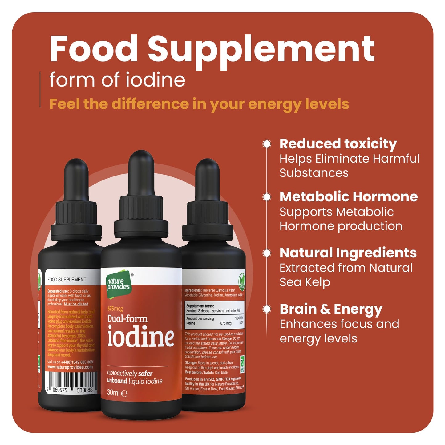 Nature Provides Natural Dual-Form Iodine : 100% Free and Unbound Iodine/Iodide Supplement. 675mcg (30ml) for Energy, Mood & Metabolism. Made in The UK.