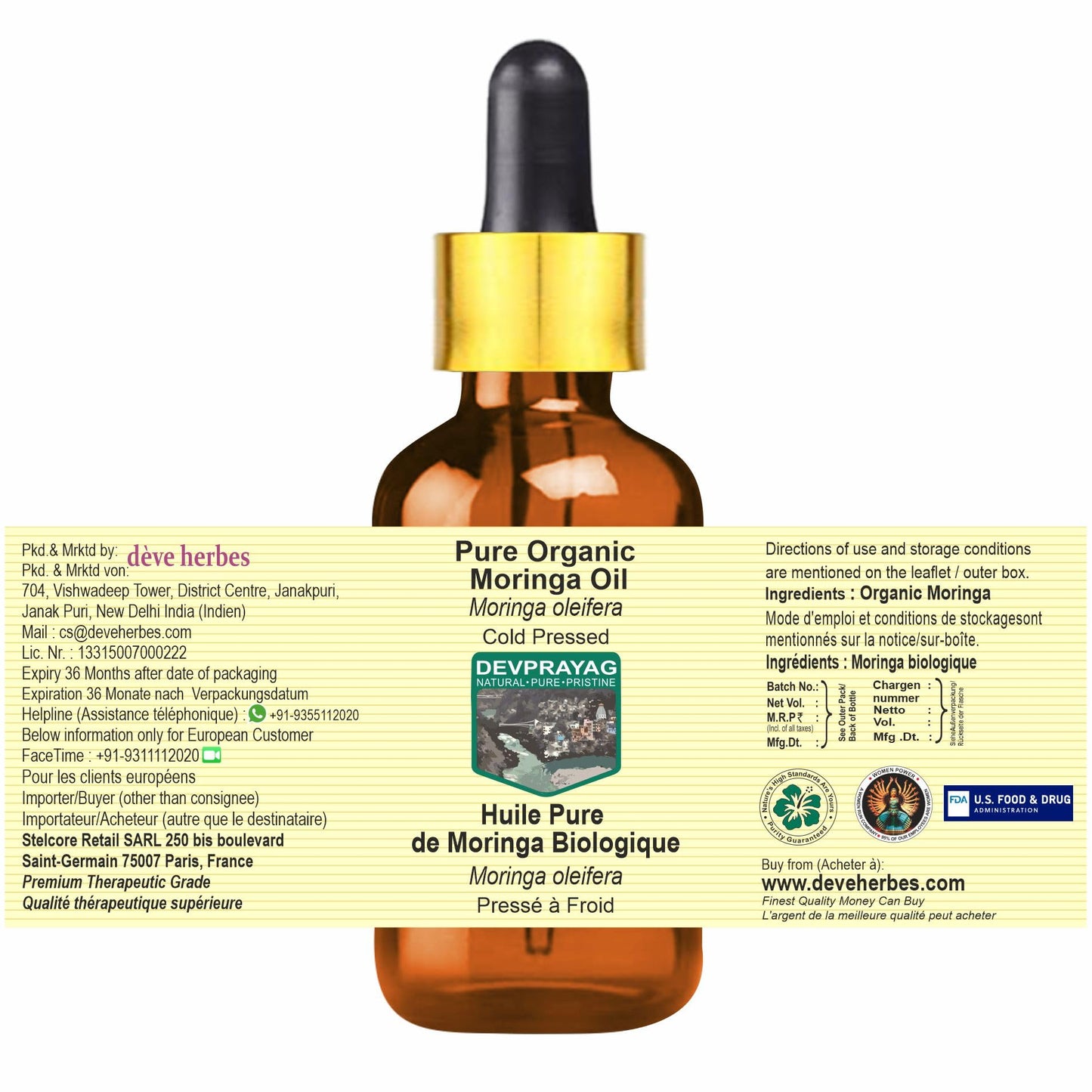 DEVPRAYAG Devprayag Pure Organic Moringa Oil (Moringa oleifera) with Glass Dropper Natural Therapeutic Grade Cold Pressed 30ml (1 oz)