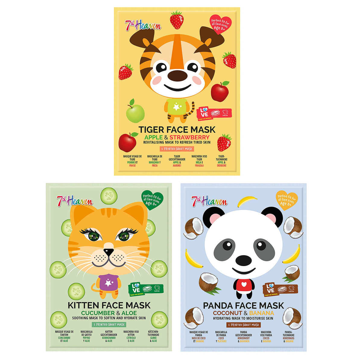 7th Heaven Party Animal Beauty Sheet Face Mask Skincare Set for Kids - Tiger, Kitten & Panda Printed Face Mask Sheet to Soothe, Hydrate & Revitalise Young Skin (Ages 8+)