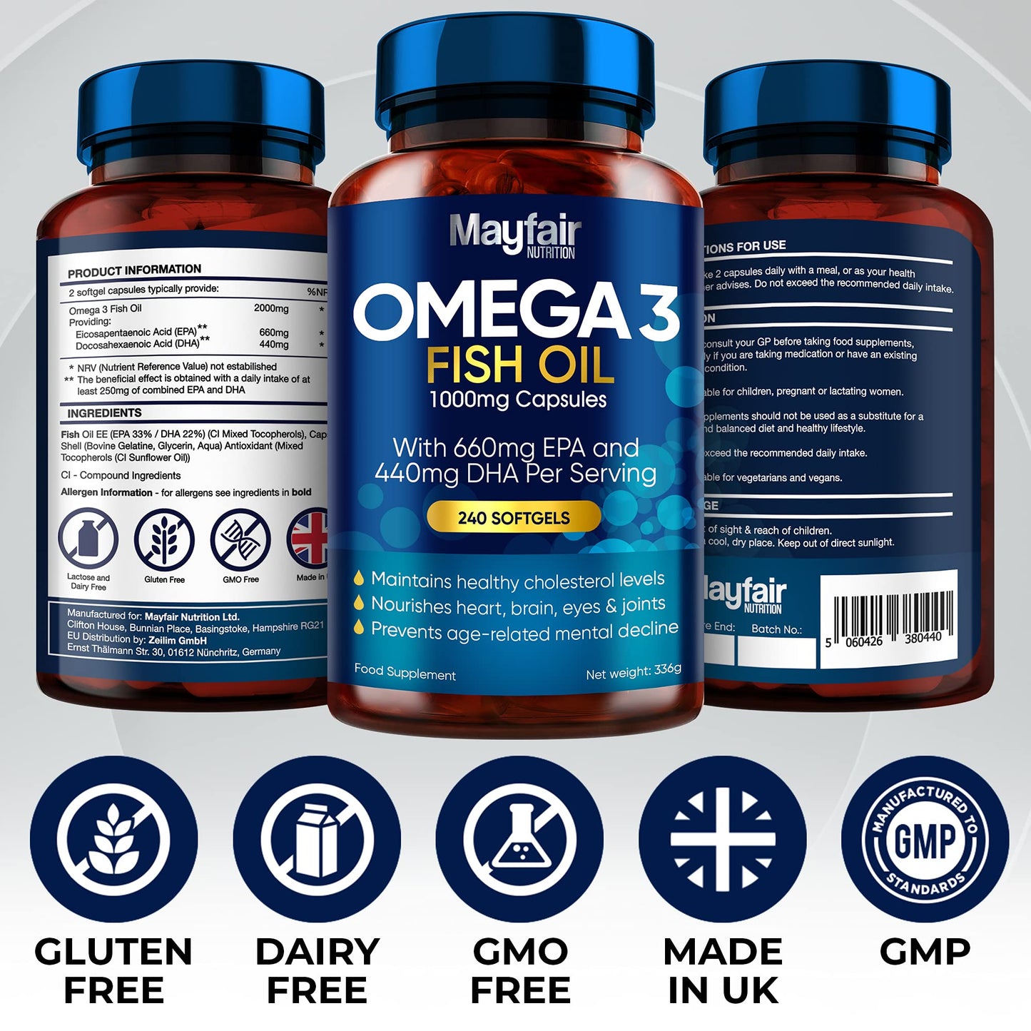 Mayfair Nutrition Omega 3 1000mg Capsules - 240 Fish Oil Tablets with 660mg EPA & 440mg DHA per Daily Serving - Supports Heart, Vision, & Brain Health - 4 Months Supply - Made in UK…