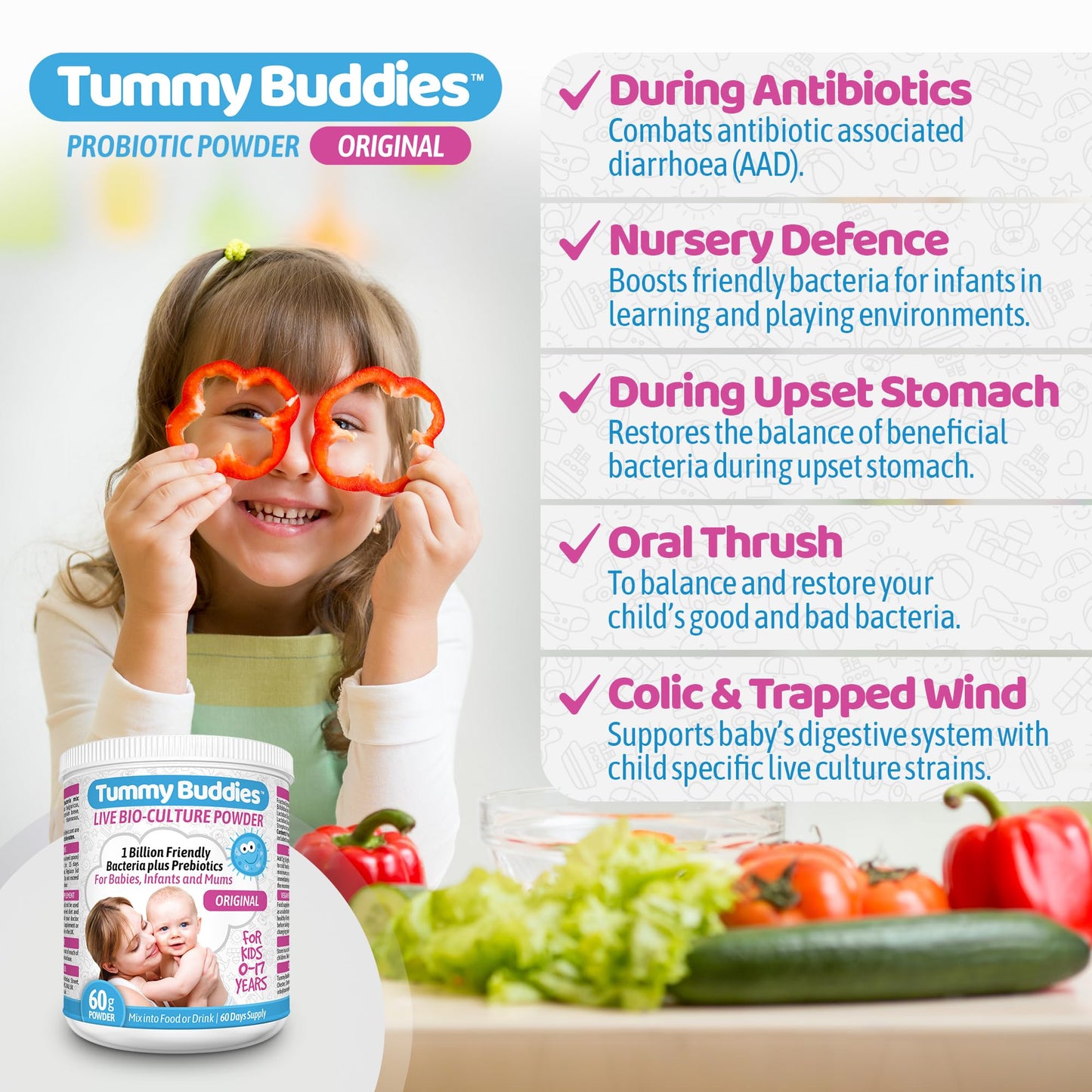 Tummy Buddies Probiotic Powder for Babies, Children and Mums - 7 Strain Pro Bio Culture Complex with Prebiotics (FOS) – Gut Friendly Bacteria for Infants and Kids 0-12 Years – 60g - 60 Days Supply